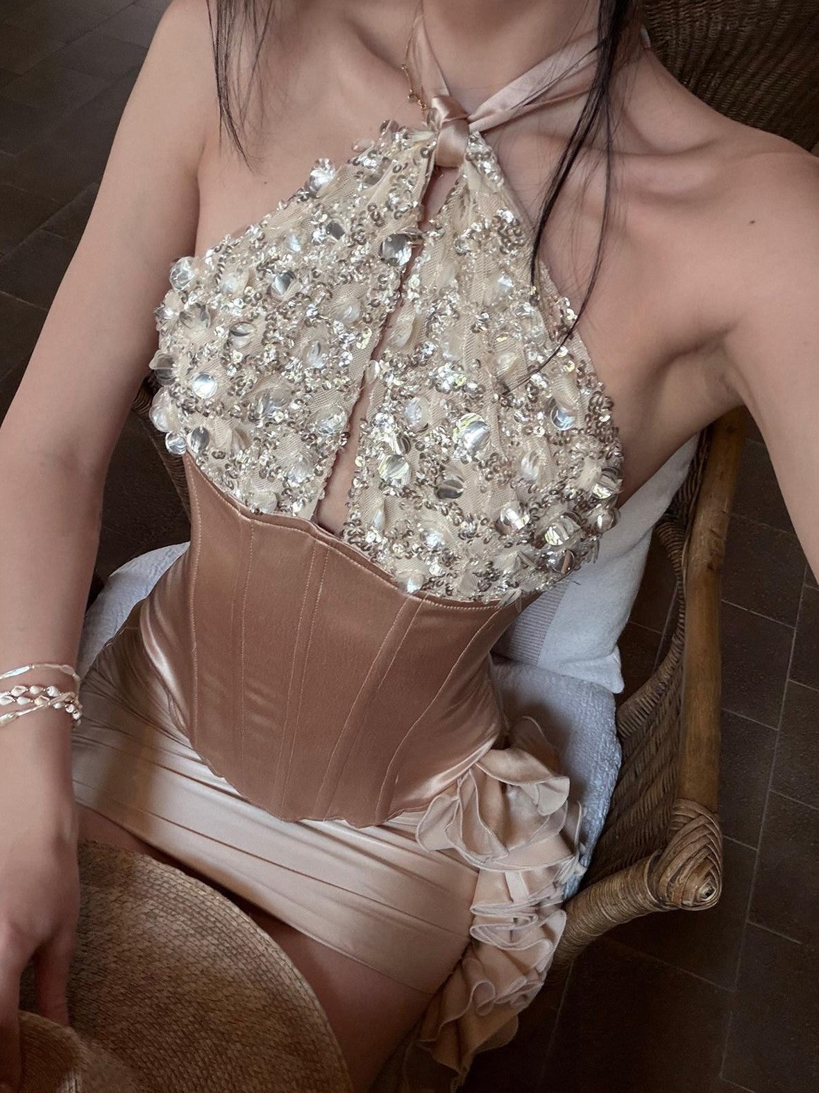 rovente Apricot Sequin Halter Neck Fishbone Boned Women's Halter Tops