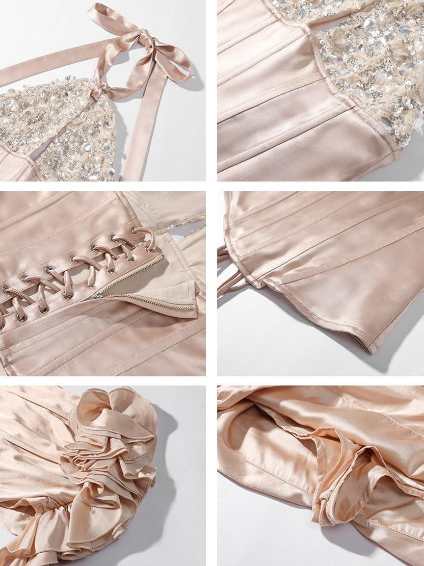 rovente Apricot Sequin Halter Neck Fishbone Boned Women's Halter Tops