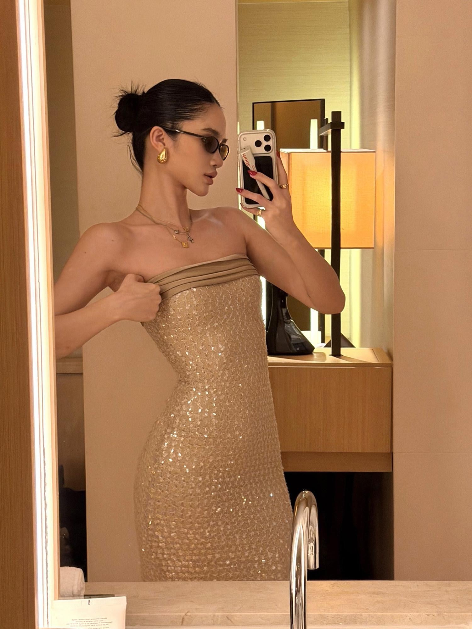 rovente Apricot Sequin Strapless Women's Polyester Bodycon Maxi Dresses