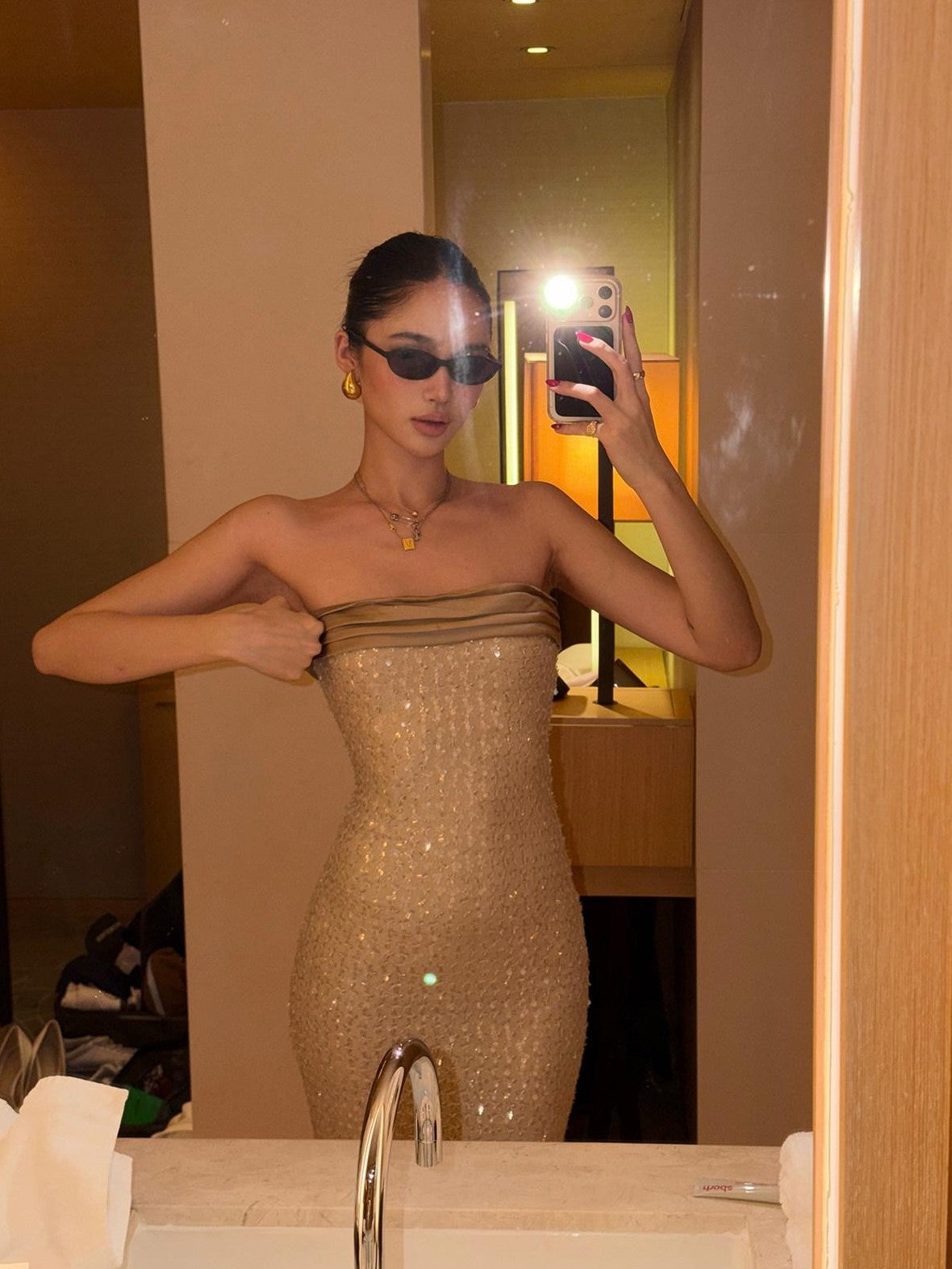 rovente Apricot Sequin Strapless Women's Polyester Bodycon Maxi Dresses