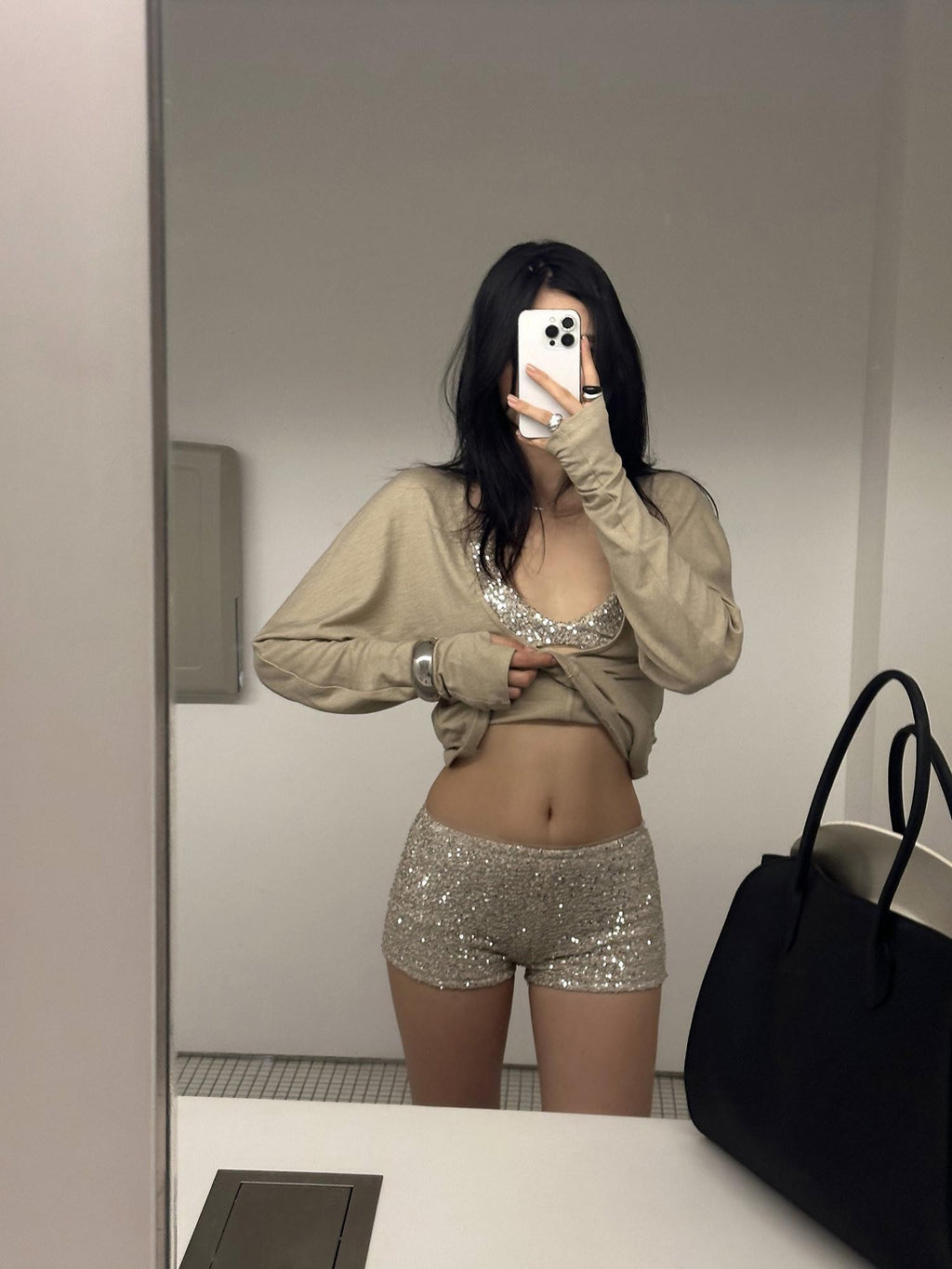 rovente Apricot Sequin V-neck Slim Knitted Women's Nylon Blend Long Sleeve T-shirts