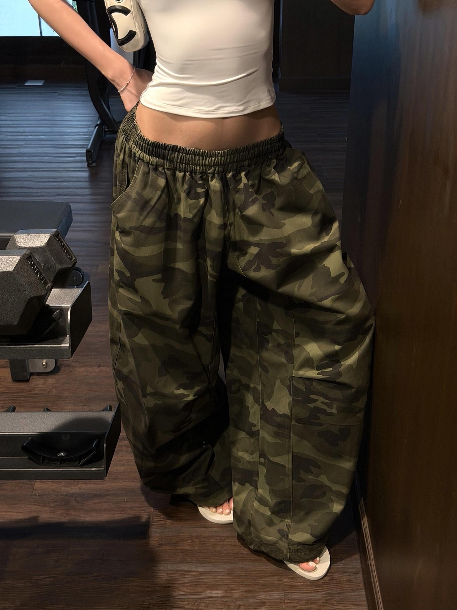 rovente Army Green Camouflage Drawstring Loose Casual Women's Wide-leg Pants