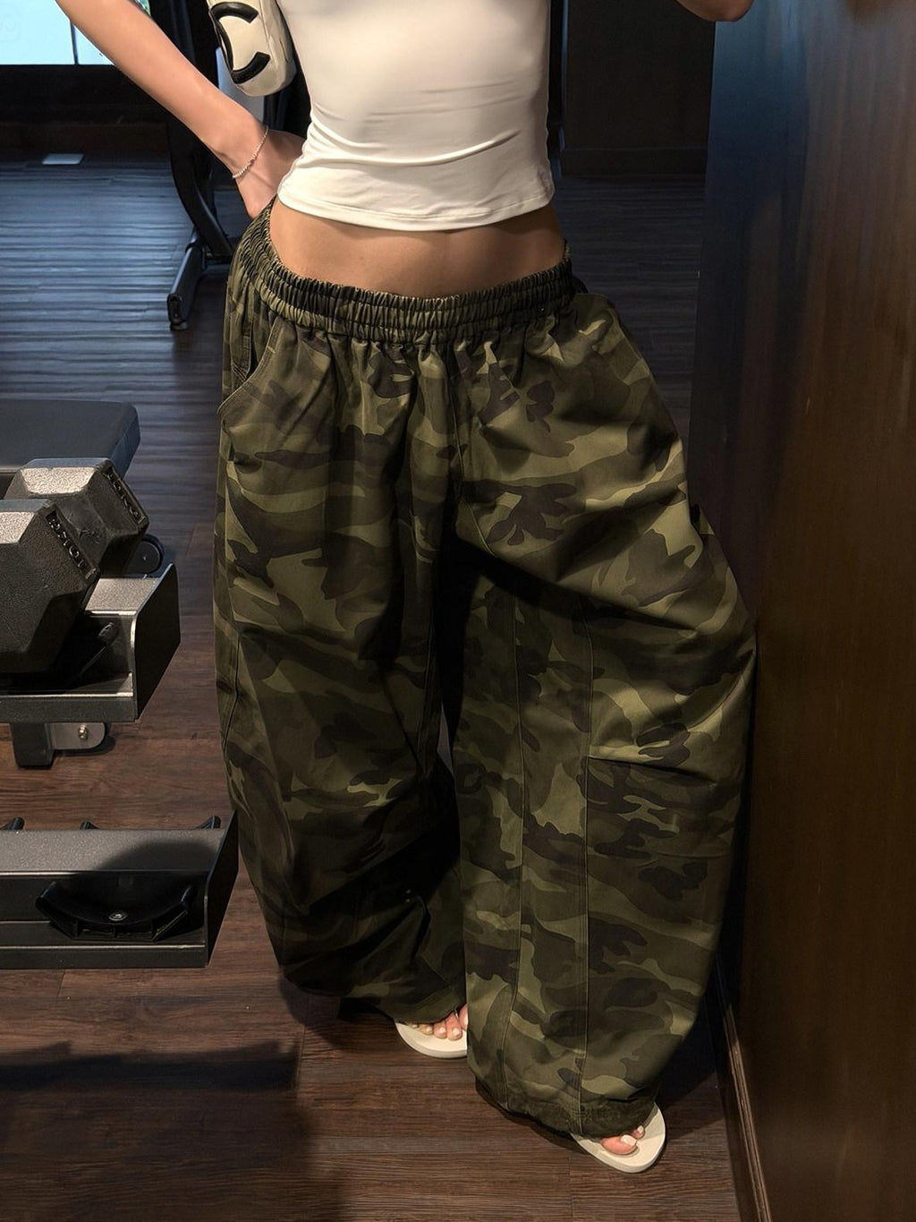 rovente Army Green Camouflage Drawstring Loose Casual Women's Wide-leg Pants