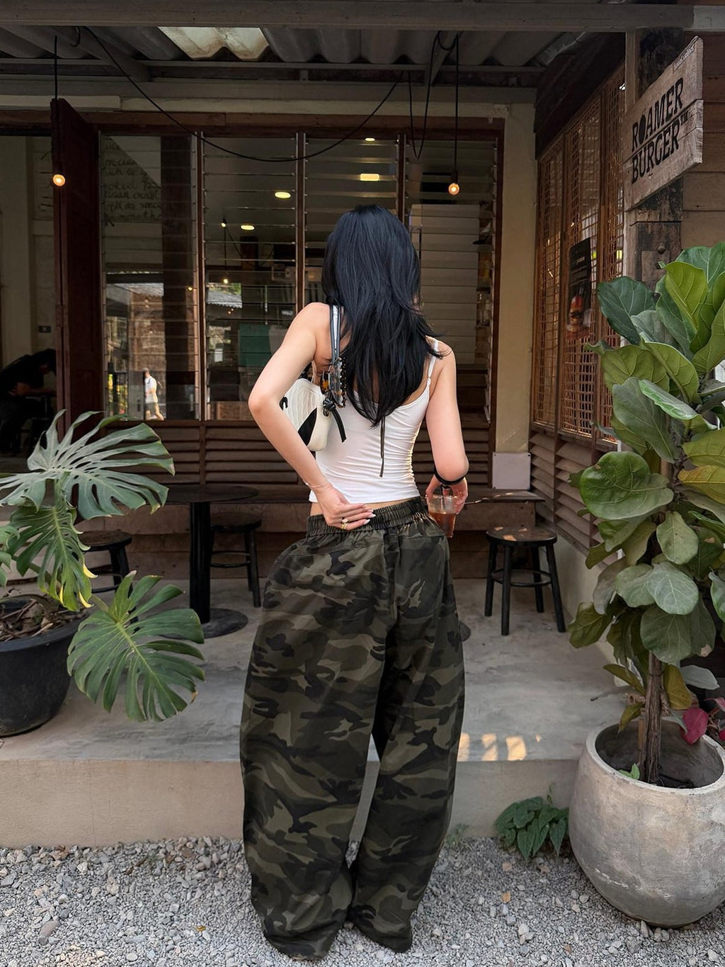 rovente Army Green Camouflage Drawstring Loose Casual Women's Wide-leg Pants