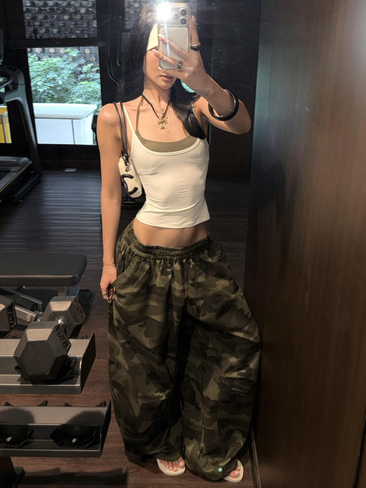 rovente Army Green Camouflage Drawstring Loose Casual Women's Wide-leg Pants