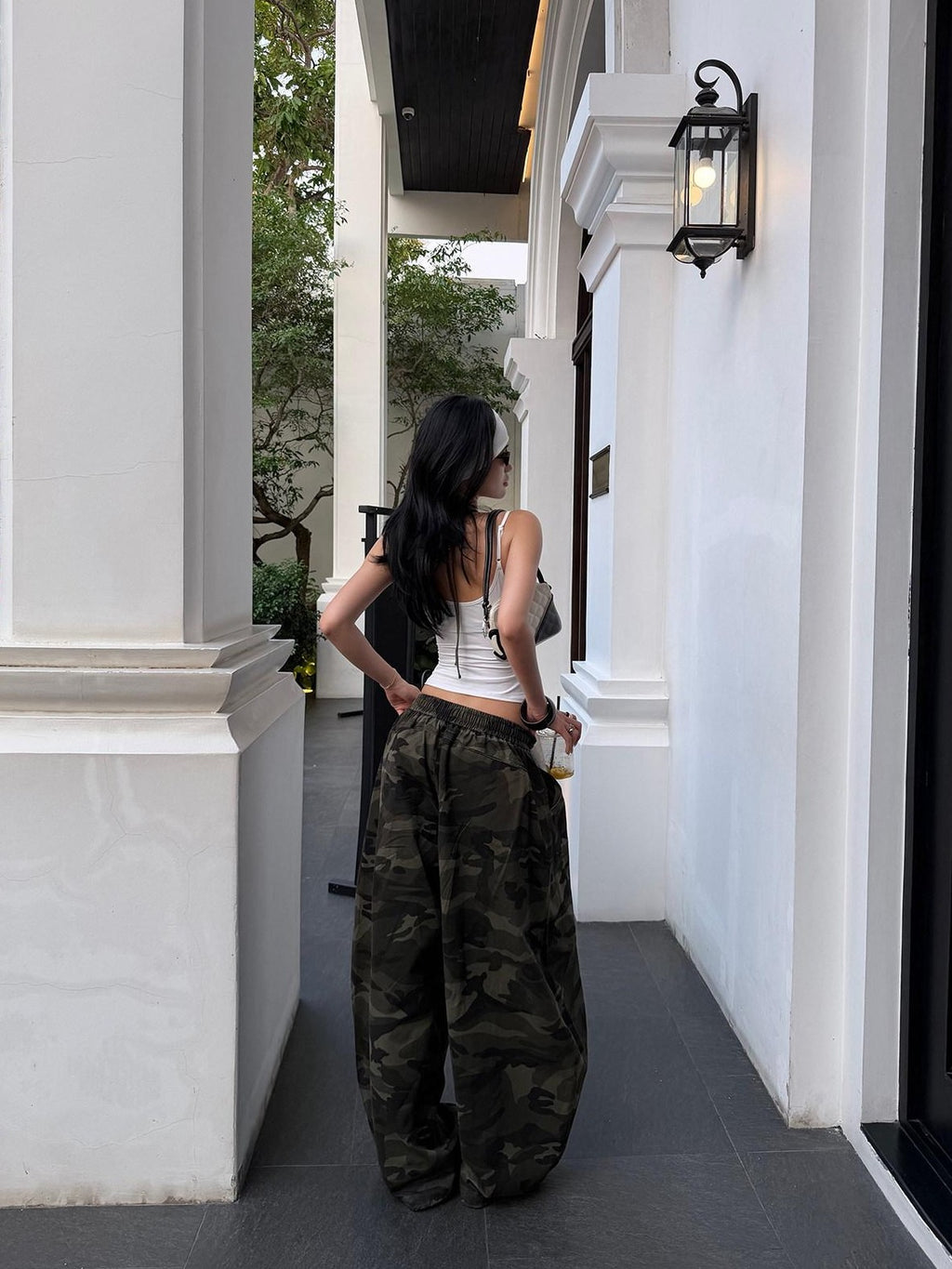 rovente Army Green Camouflage Drawstring Loose Casual Women's Wide-leg Pants