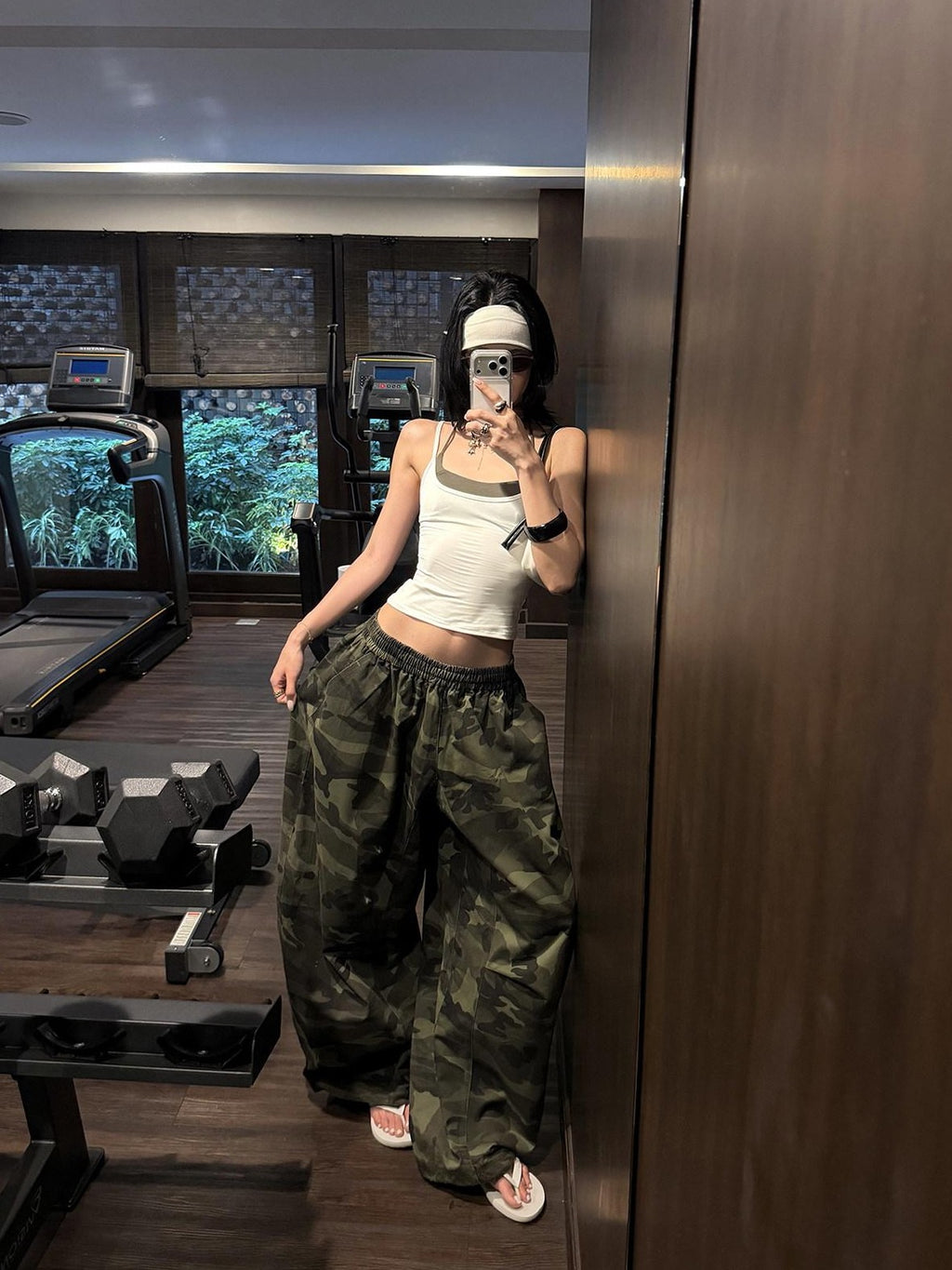 rovente Army Green Camouflage Drawstring Loose Casual Women's Wide-leg Pants