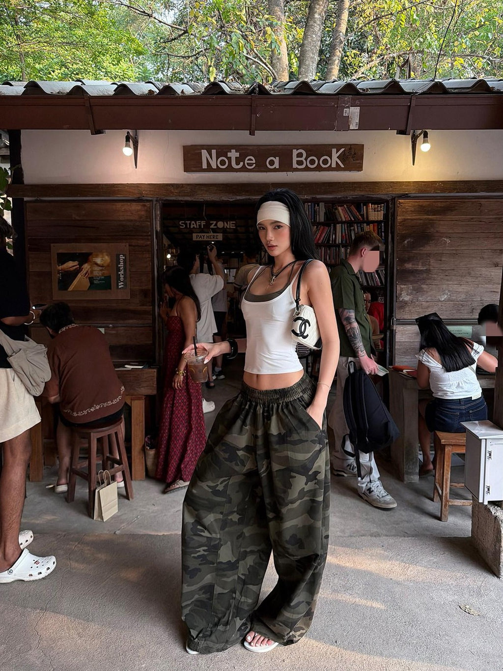 rovente Army Green Camouflage Drawstring Loose Casual Women's Wide-leg Pants
