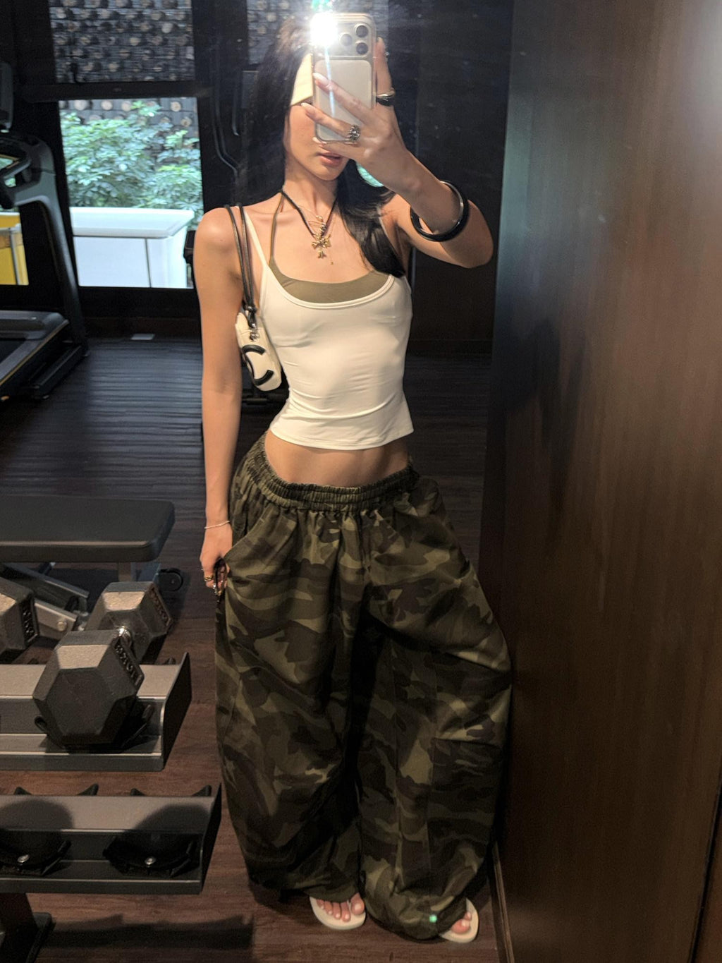 rovente Army Green Camouflage Drawstring Loose Casual Women's Wide-leg Pants