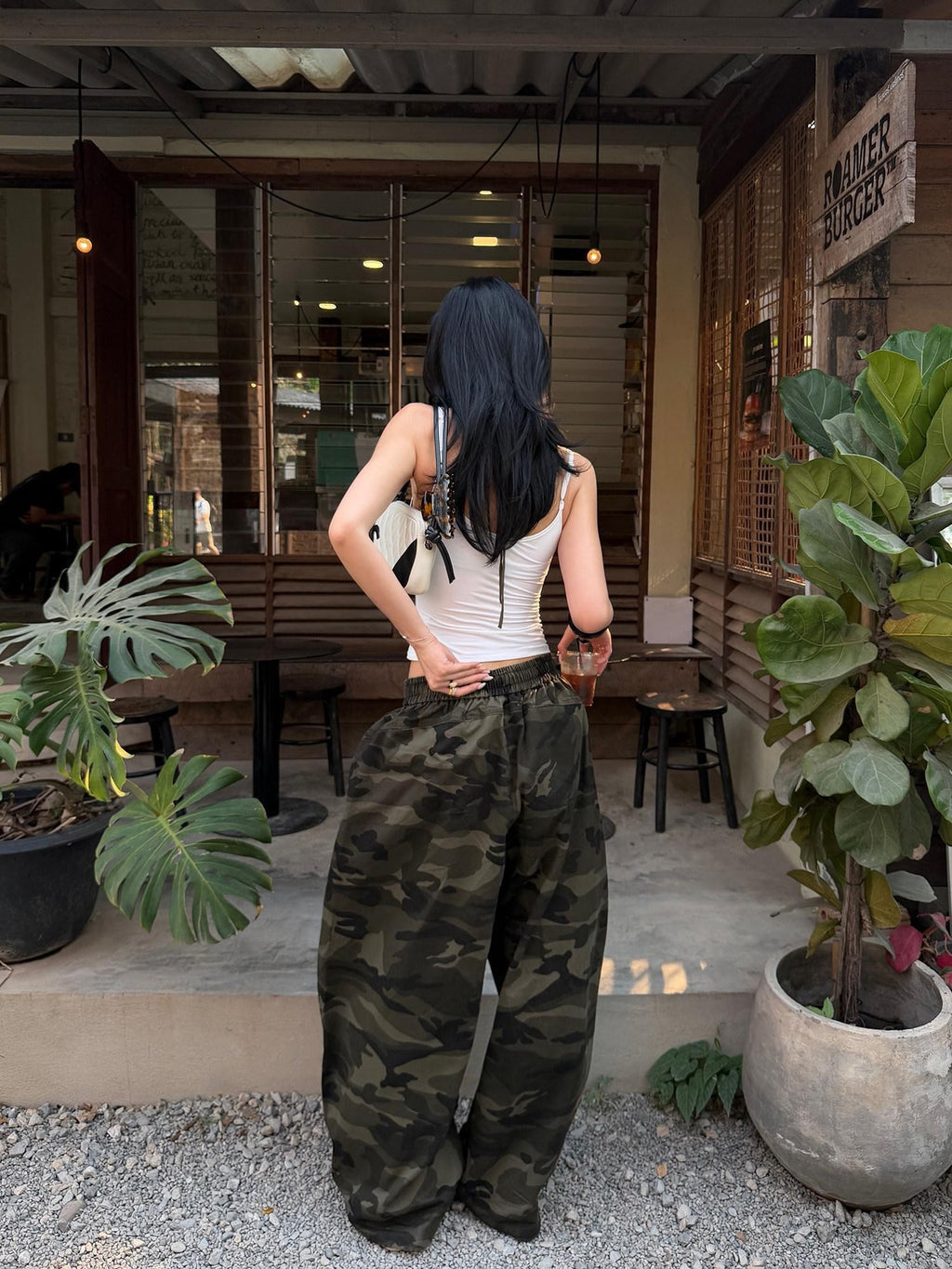 rovente Army Green Camouflage Drawstring Loose Casual Women's Wide-leg Pants