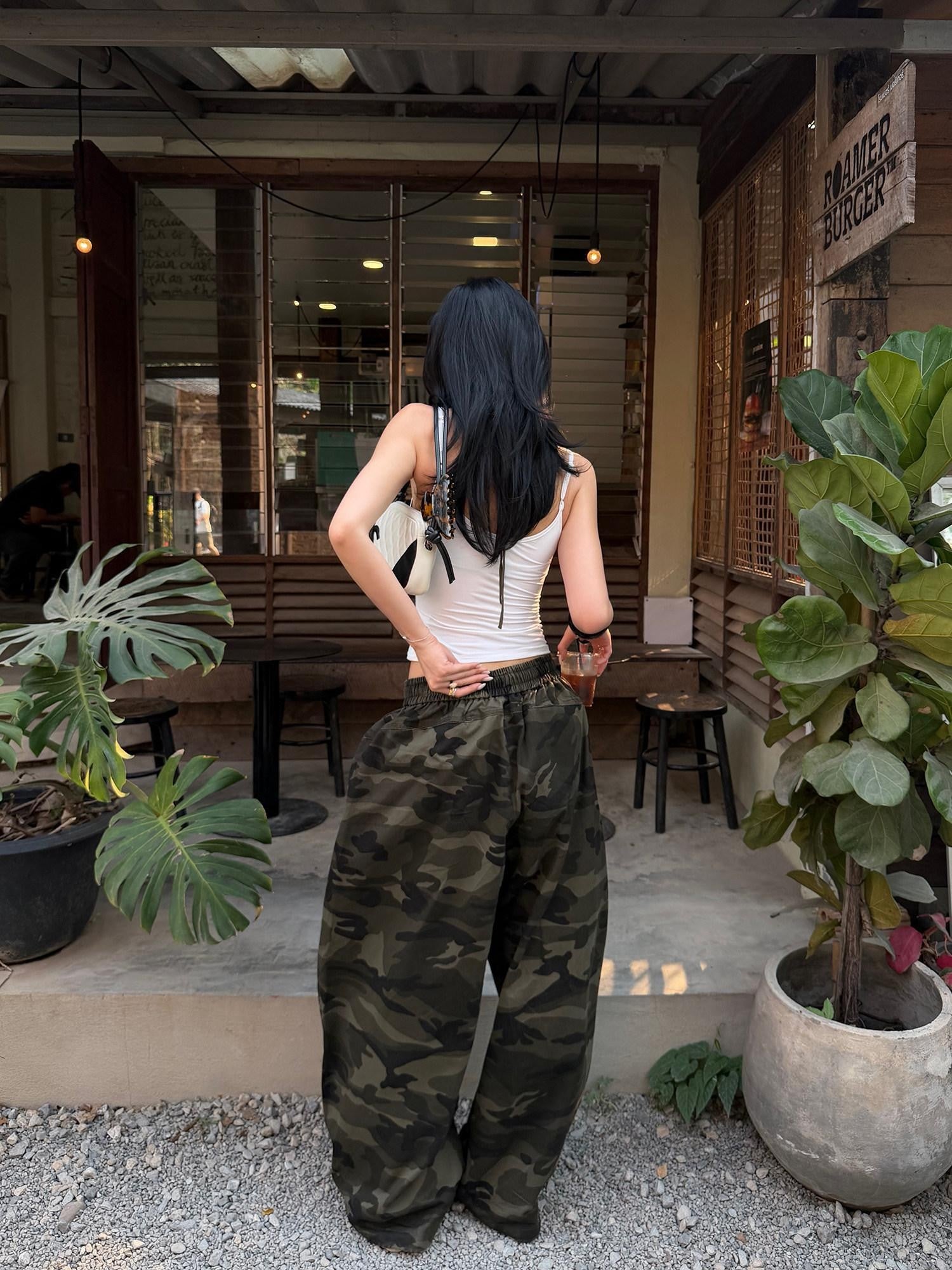 rovente Army Green Camouflage Drawstring Loose Casual Women's Wide-leg Pants