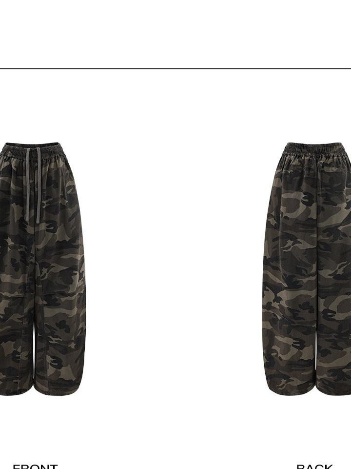 rovente Army Green Camouflage Drawstring Loose Casual Women's Wide-leg Pants