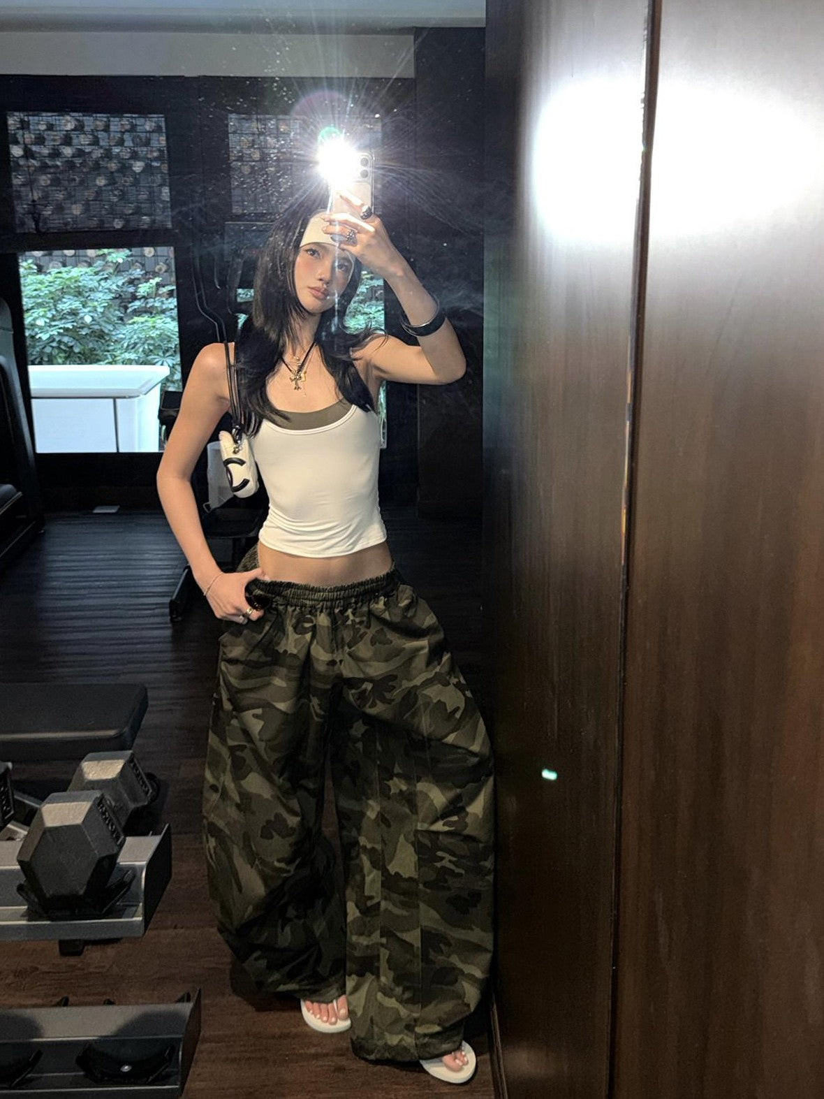 rovente Army Green Camouflage Drawstring Loose Casual Women's Wide-leg Pants