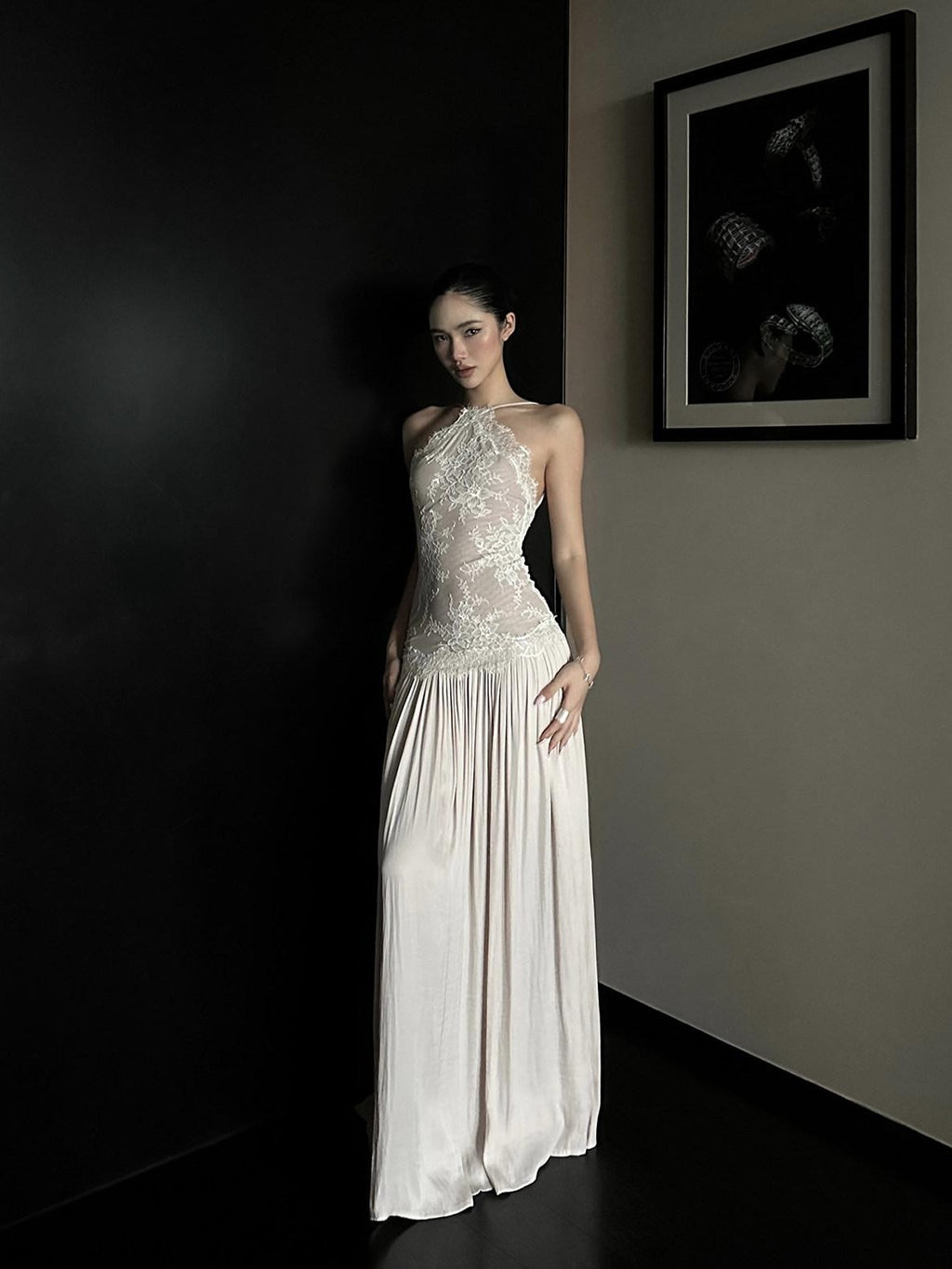 rovente Backless Lace Splice Cinched Waist Women's Halter Maxi Dresses