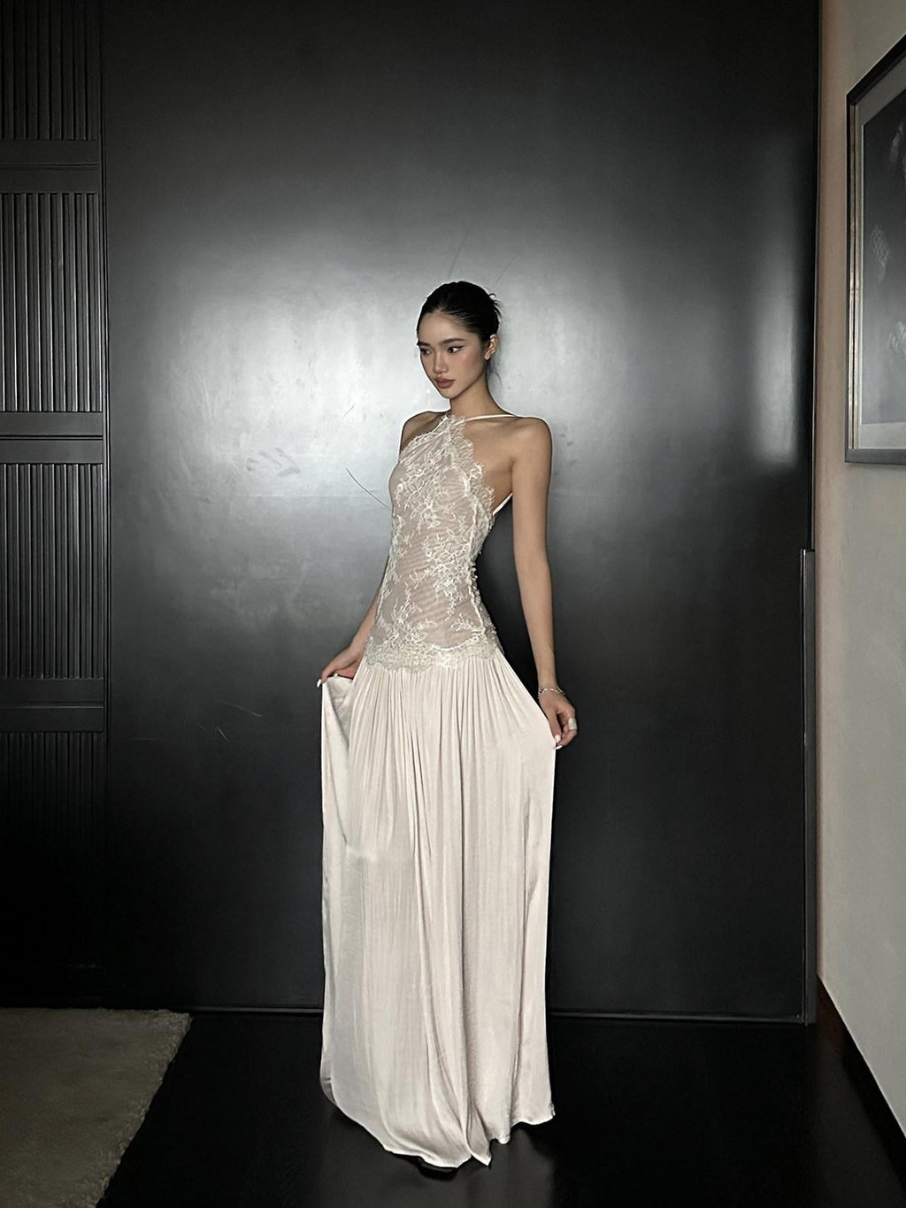 rovente Backless Lace Splice Cinched Waist Women's Halter Maxi Dresses