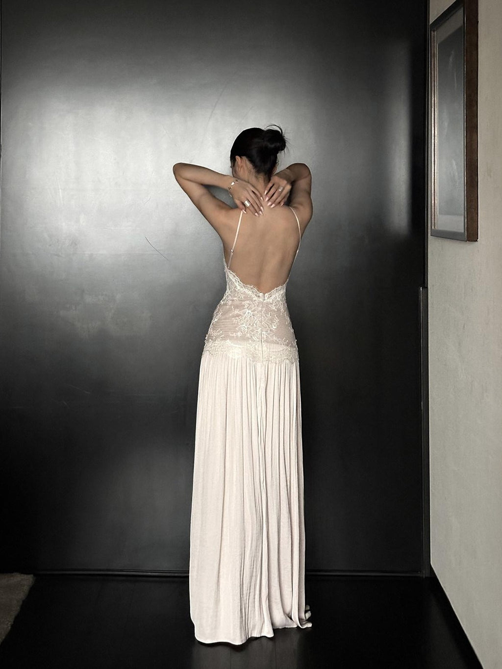 rovente Backless Lace Splice Cinched Waist Women's Halter Maxi Dresses