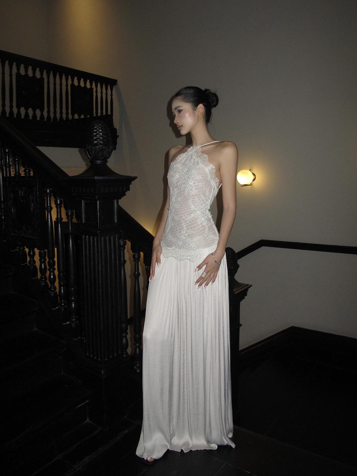 rovente Backless Lace Splice Cinched Waist Women's Halter Maxi Dresses