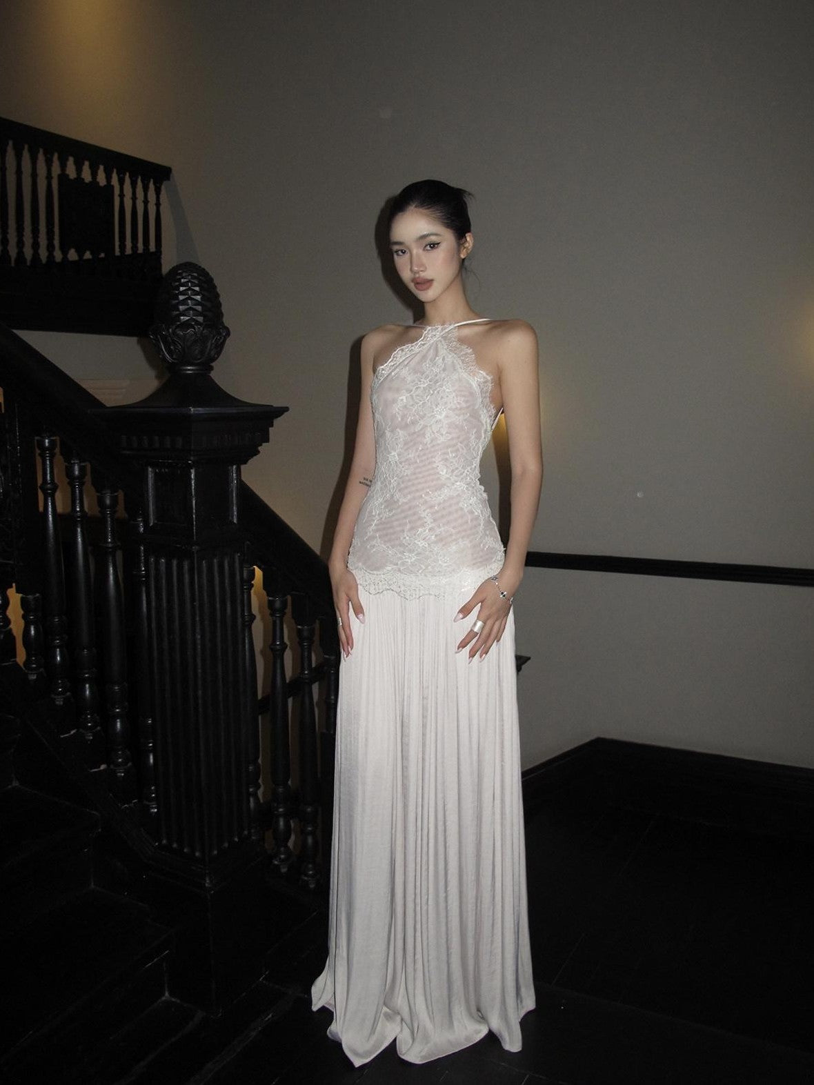 rovente Backless Lace Splice Cinched Waist Women's Halter Maxi Dresses