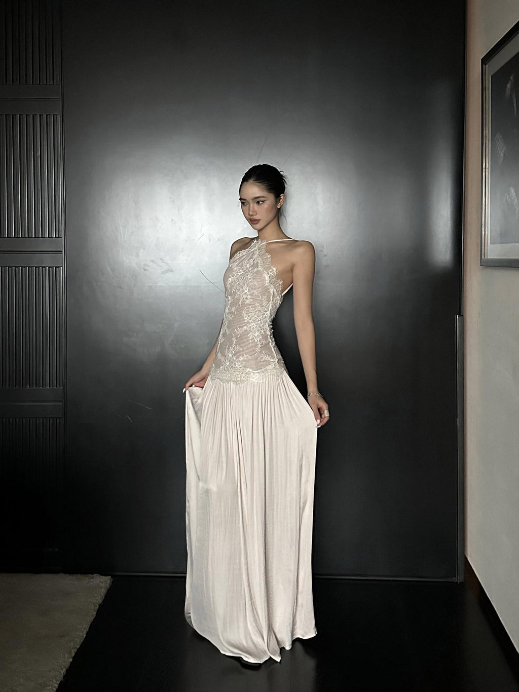 rovente Backless Lace Splice Cinched Waist Women's Halter Maxi Dresses