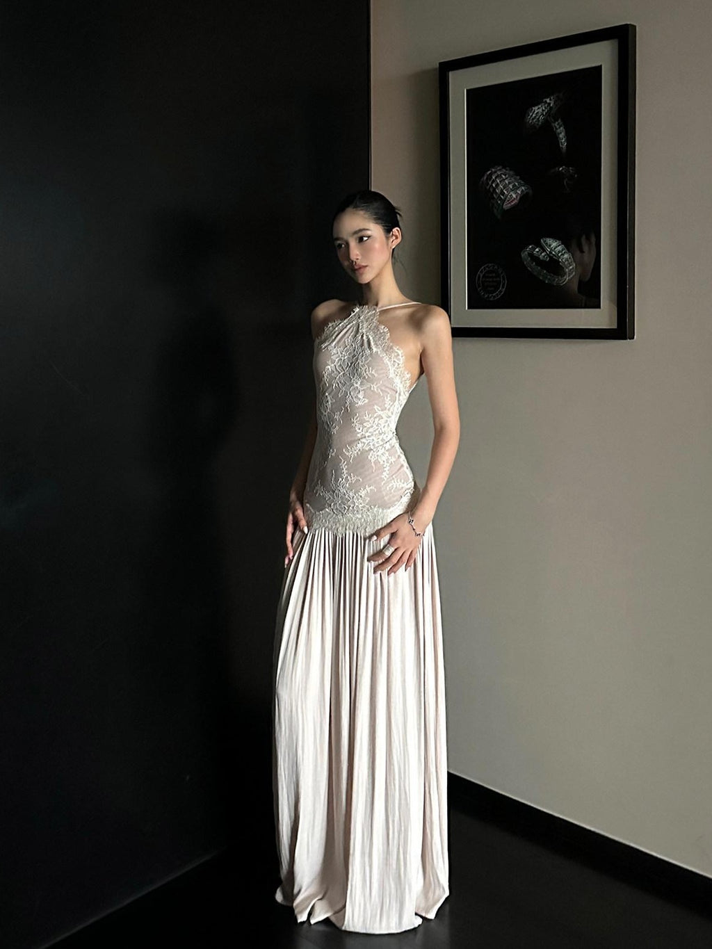 rovente Backless Lace Splice Cinched Waist Women's Halter Maxi Dresses