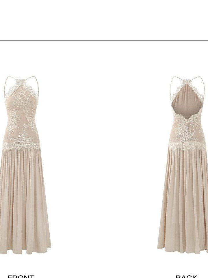 rovente Backless Lace Splice Cinched Waist Women's Halter Maxi Dresses