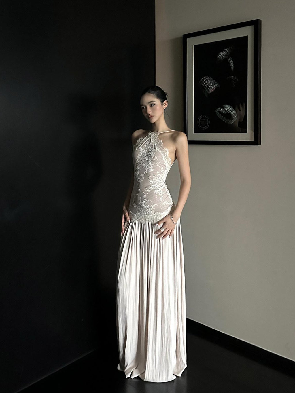 rovente Backless Lace Splice Cinched Waist Women's Halter Maxi Dresses