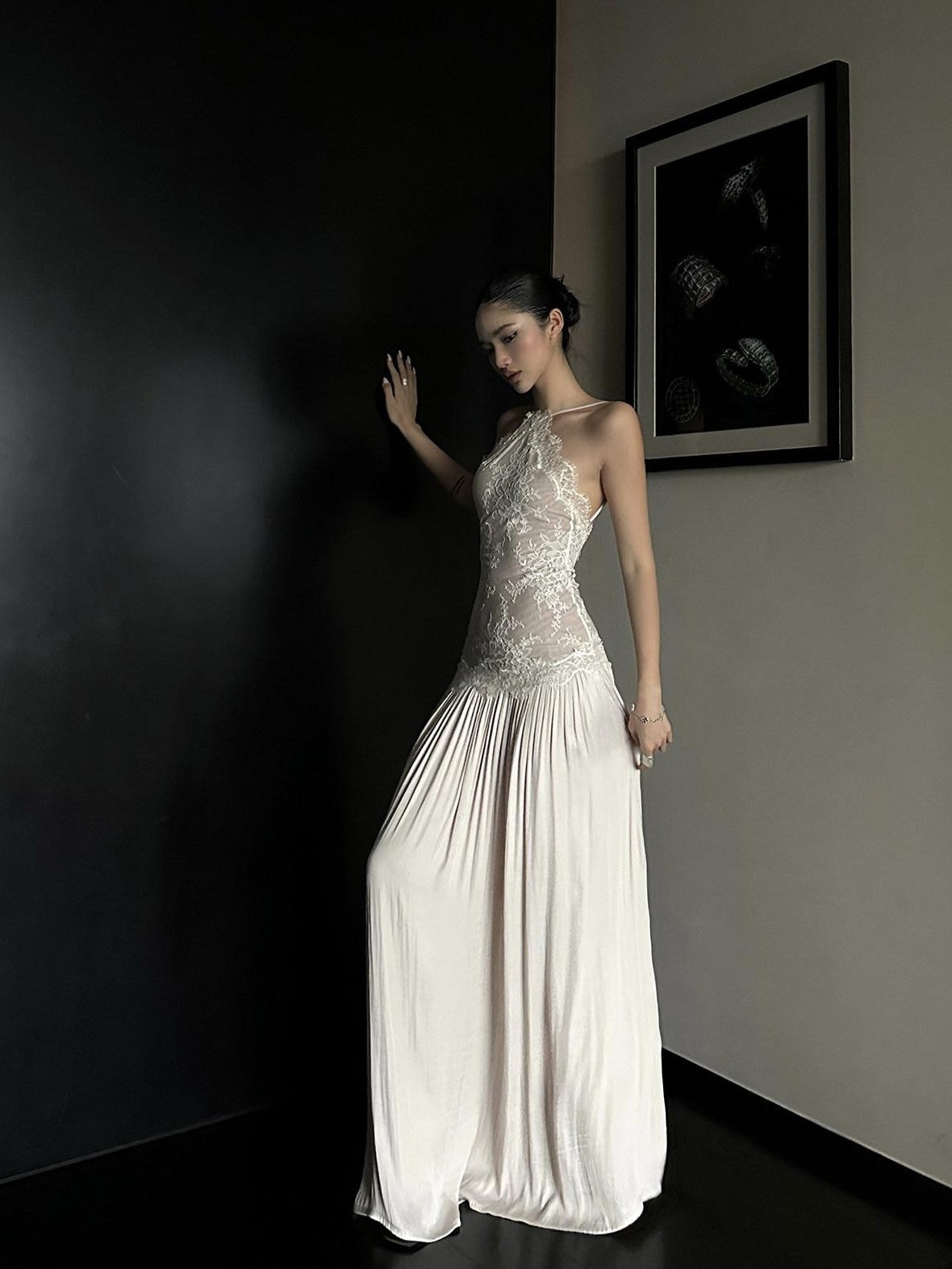 rovente Backless Lace Splice Cinched Waist Women's Halter Maxi Dresses