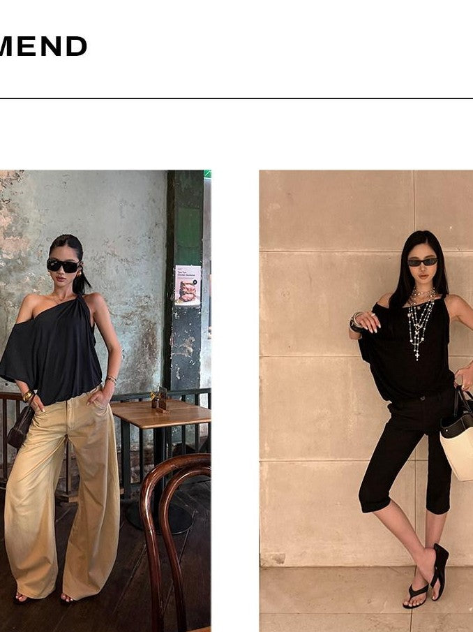 rovente Barcelona Street Scene Knot Asymmetric Loose Women's Navy Off-shoulder T-shirts