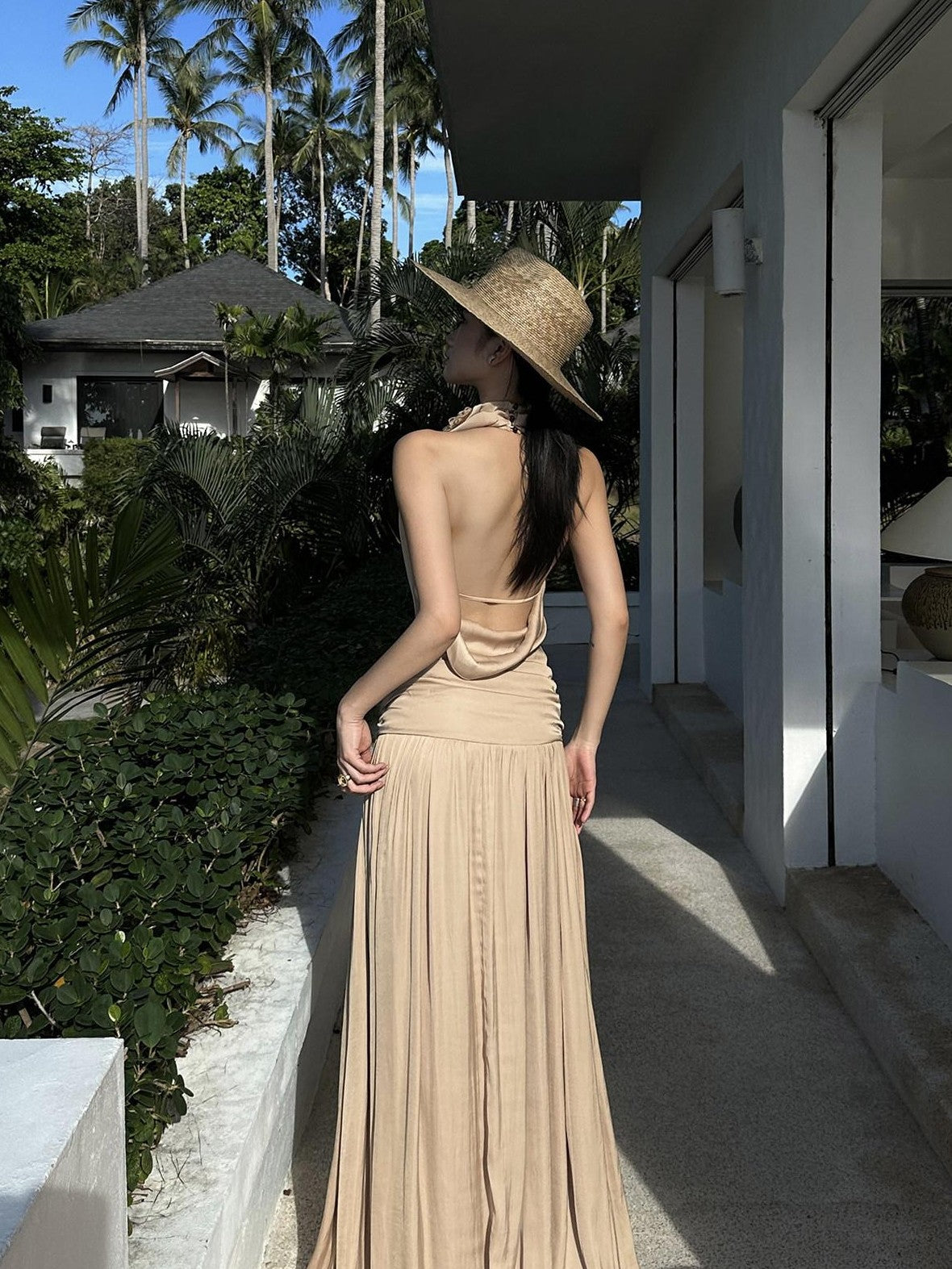 rovente Beach Elegant Draped Neckline Backless Women's Halter Maxi Dresses