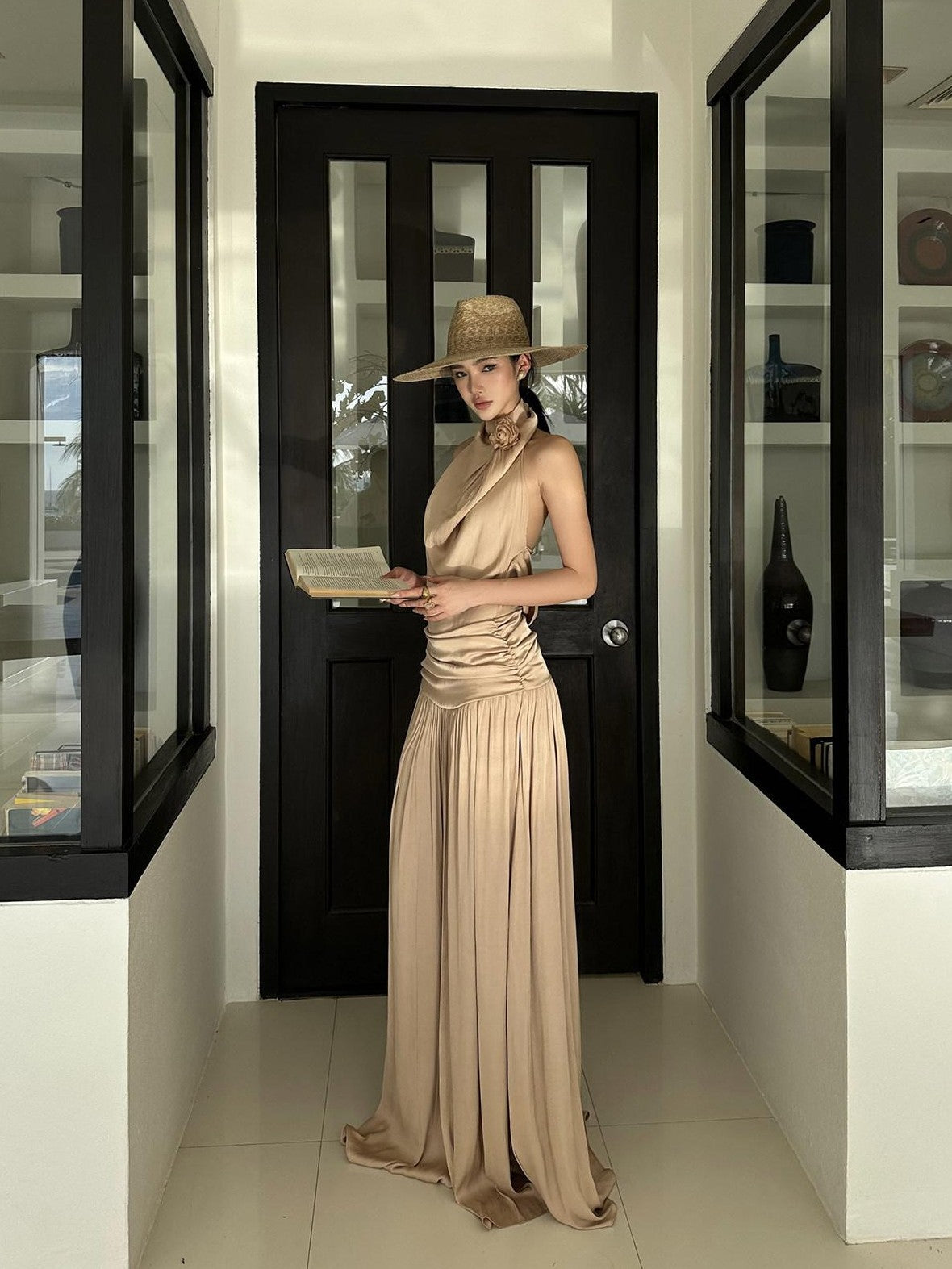 rovente Beach Elegant Draped Neckline Backless Women's Halter Maxi Dresses
