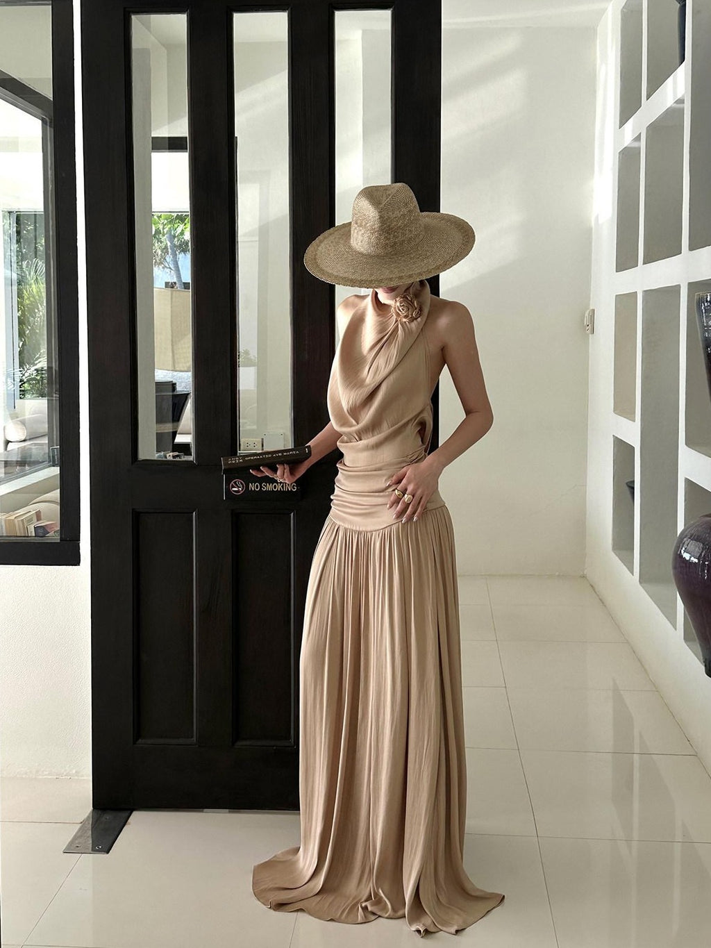 rovente Beach Elegant Draped Neckline Backless Women's Halter Maxi Dresses