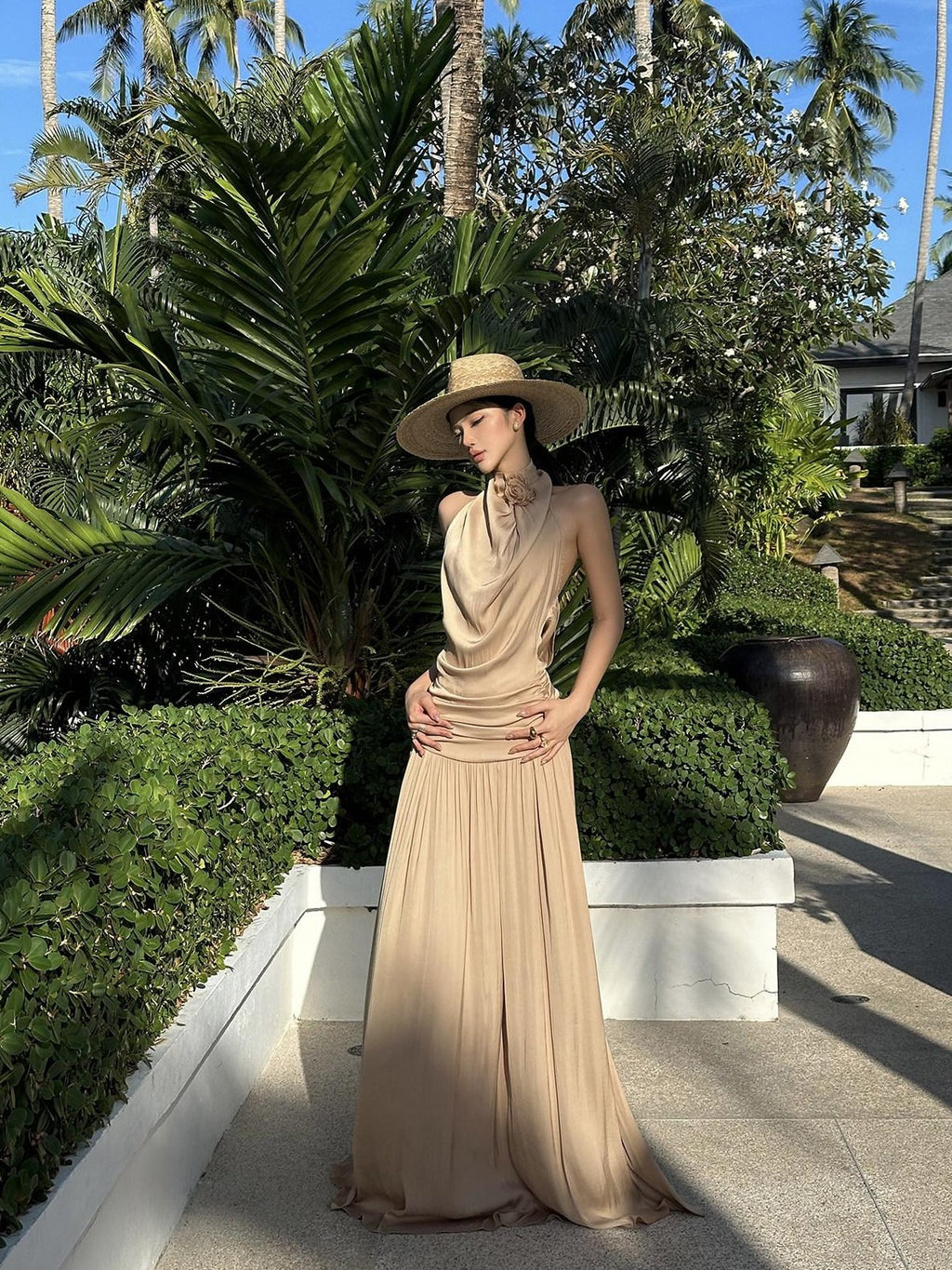 rovente Beach Elegant Draped Neckline Backless Women's Halter Maxi Dresses