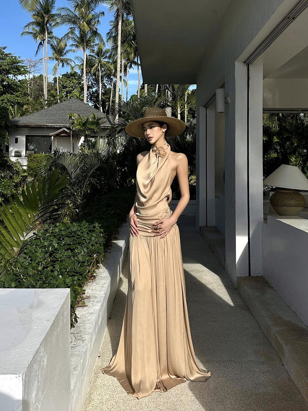 rovente Beach Elegant Draped Neckline Backless Women's Halter Maxi Dresses