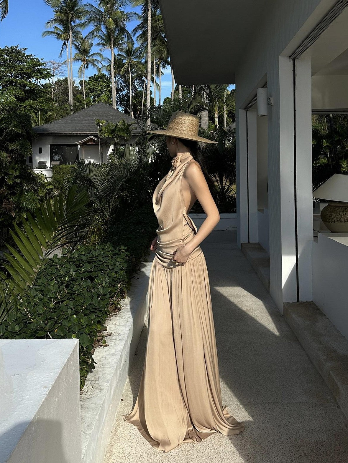 rovente Beach Elegant Draped Neckline Backless Women's Halter Maxi Dresses