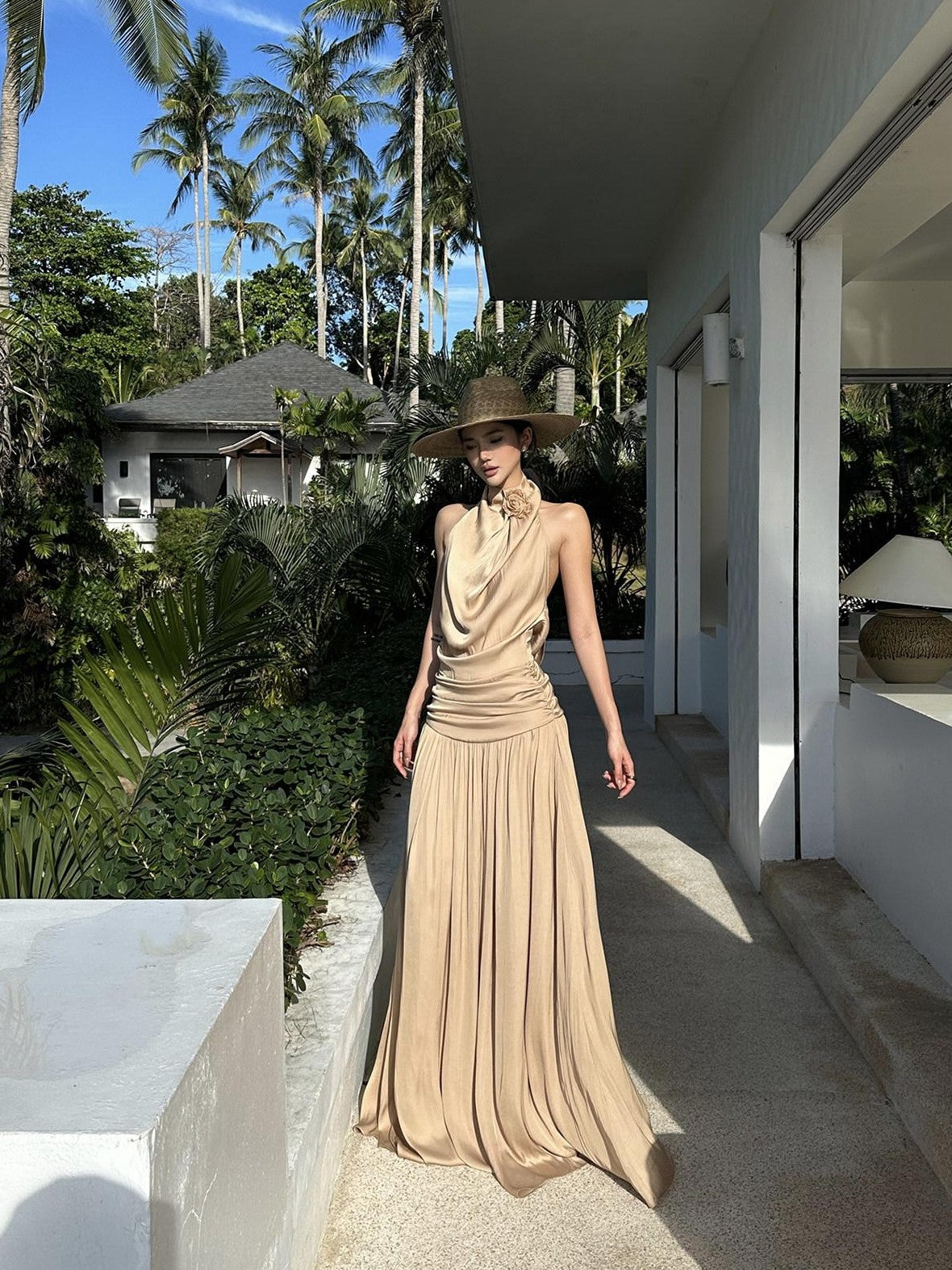 rovente Beach Elegant Draped Neckline Backless Women's Halter Maxi Dresses