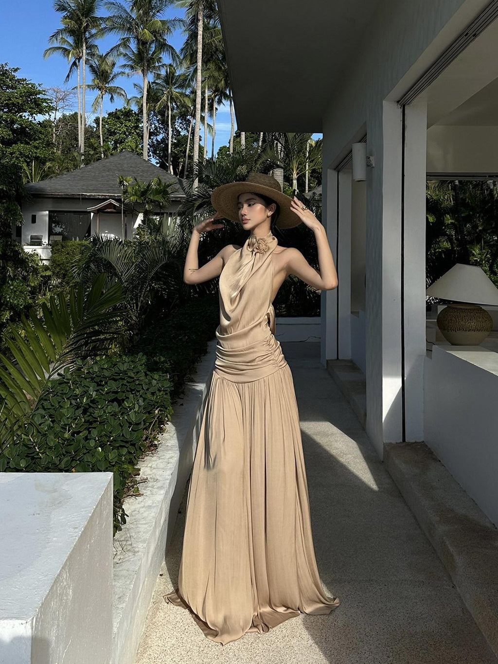 rovente Beach Elegant Draped Neckline Backless Women's Halter Maxi Dresses