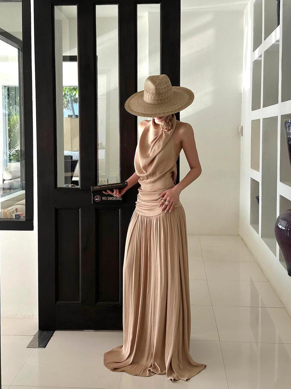 rovente Beach Elegant Draped Neckline Backless Women's Halter Maxi Dresses