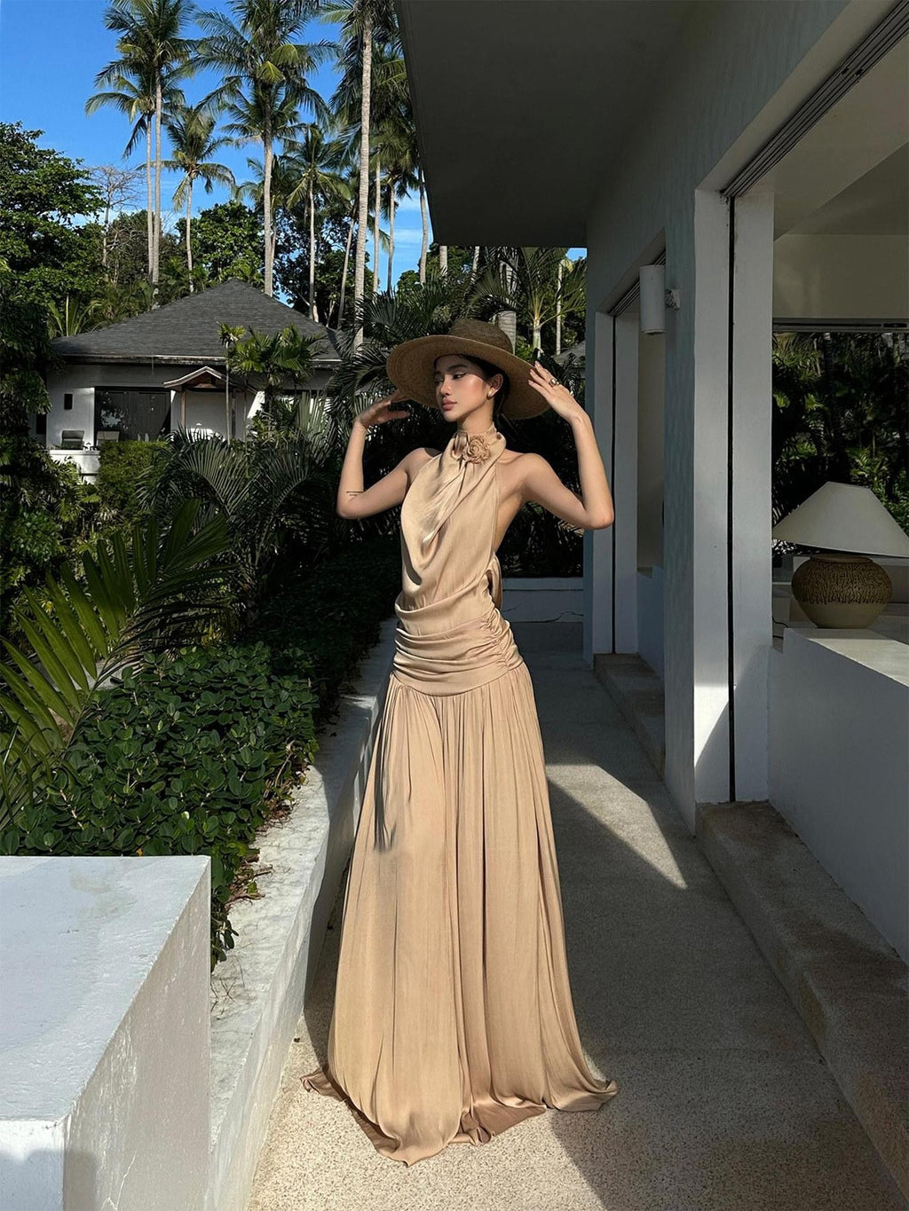 rovente Beach Elegant Draped Neckline Backless Women's Halter Maxi Dresses
