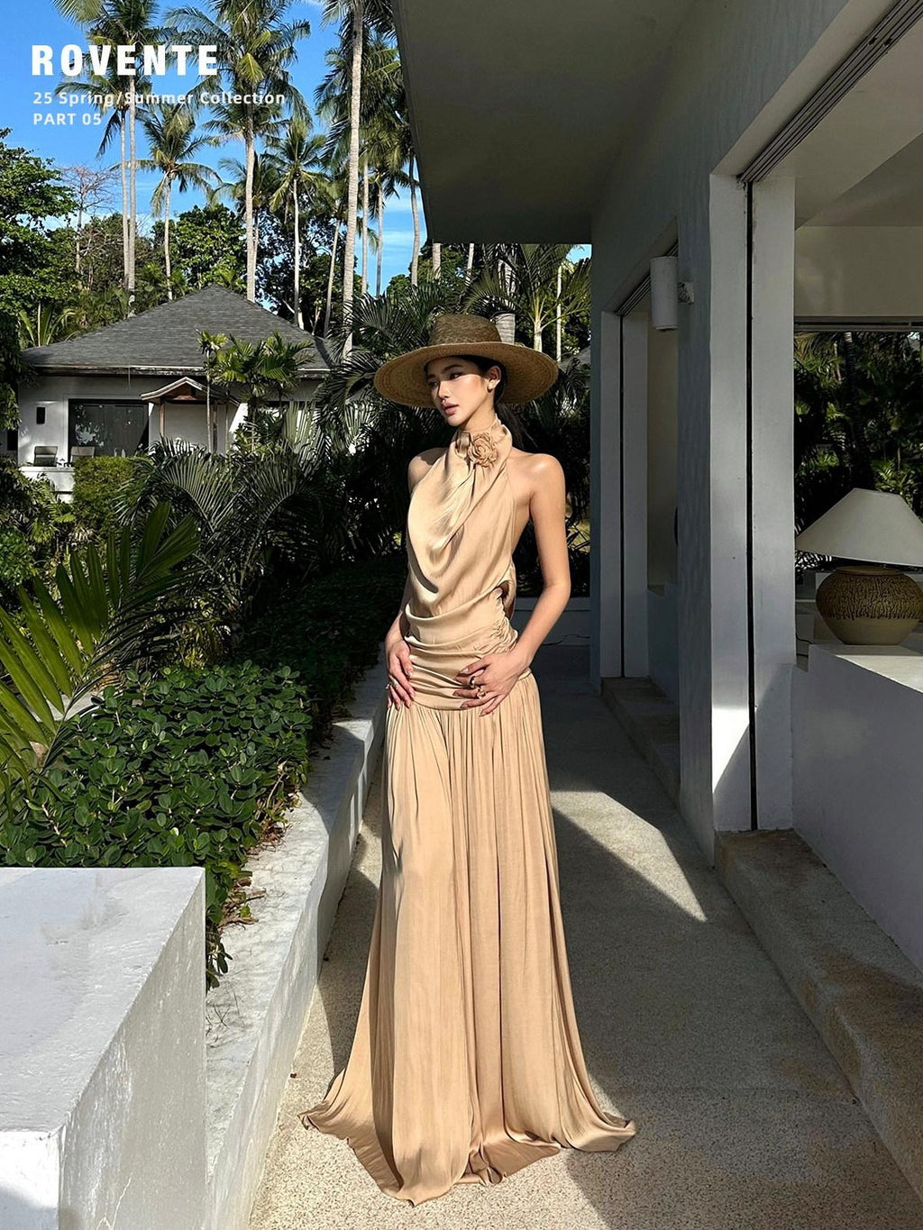 rovente Beach Elegant Draped Neckline Backless Women's Halter Maxi Dresses
