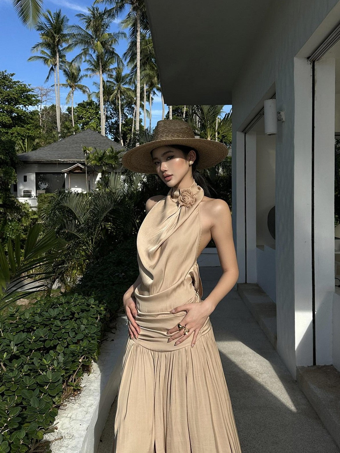 rovente Beach Elegant Draped Neckline Backless Women's Halter Maxi Dresses