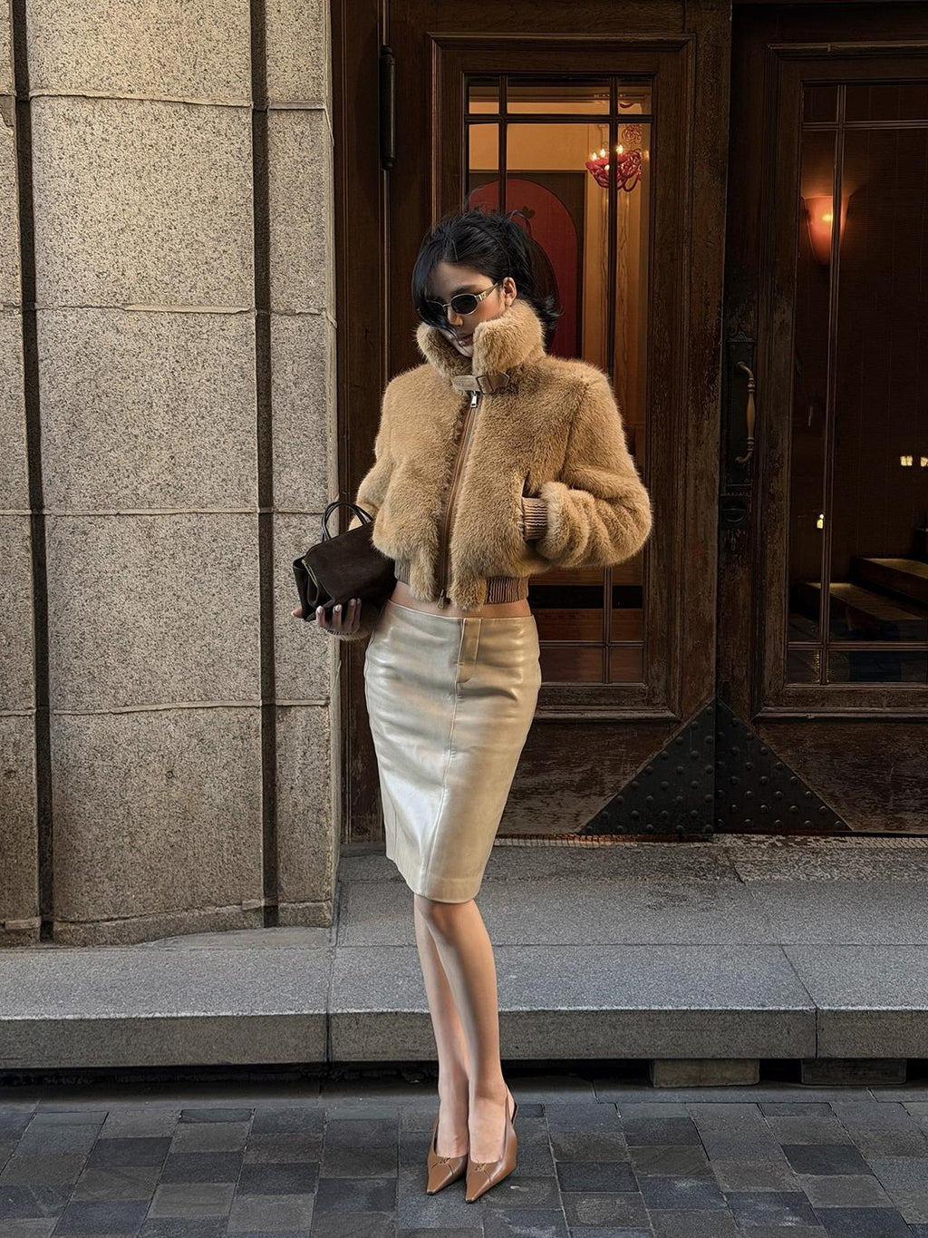 rovente Beige Front Zip Bodycon Pu Women's Midi Skirts