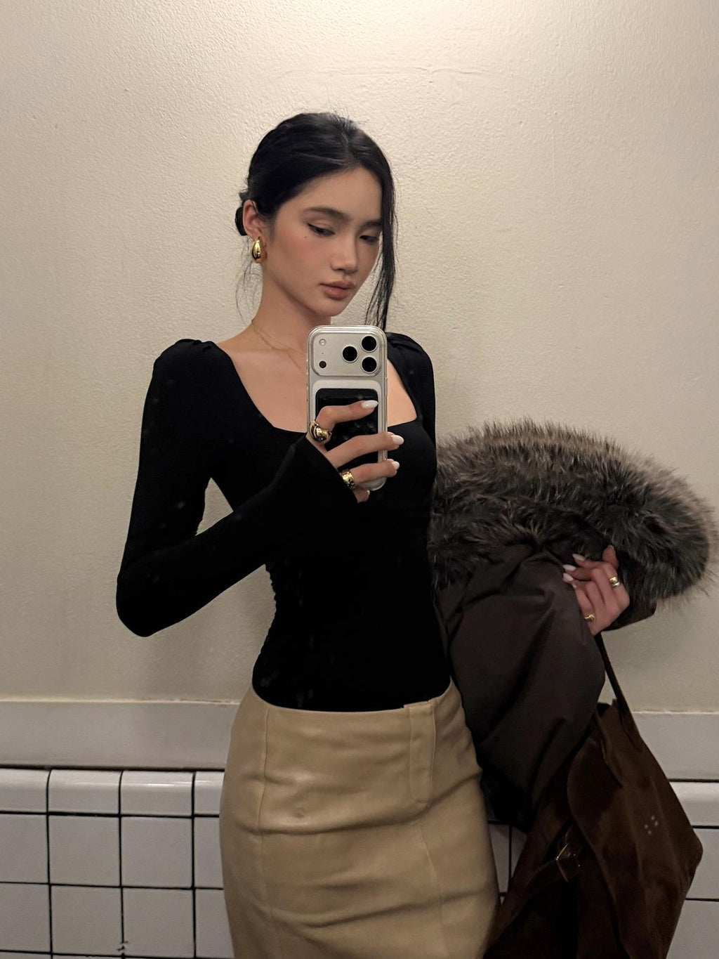 rovente Beige Front Zip Bodycon Pu Women's Midi Skirts