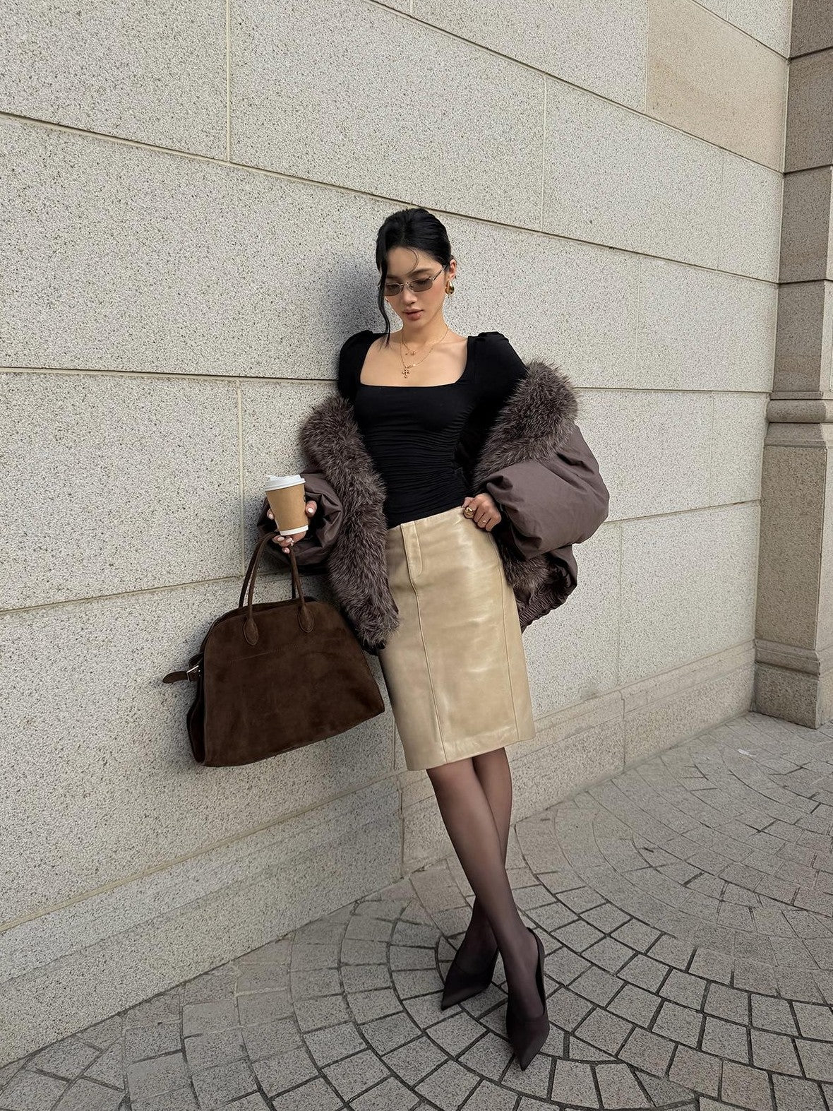 rovente Beige Front Zip Bodycon Pu Women's Midi Skirts
