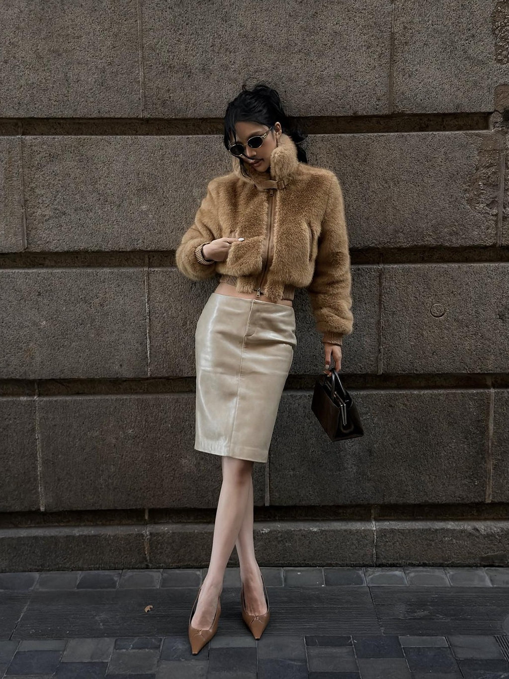 rovente Beige Front Zip Bodycon Pu Women's Midi Skirts