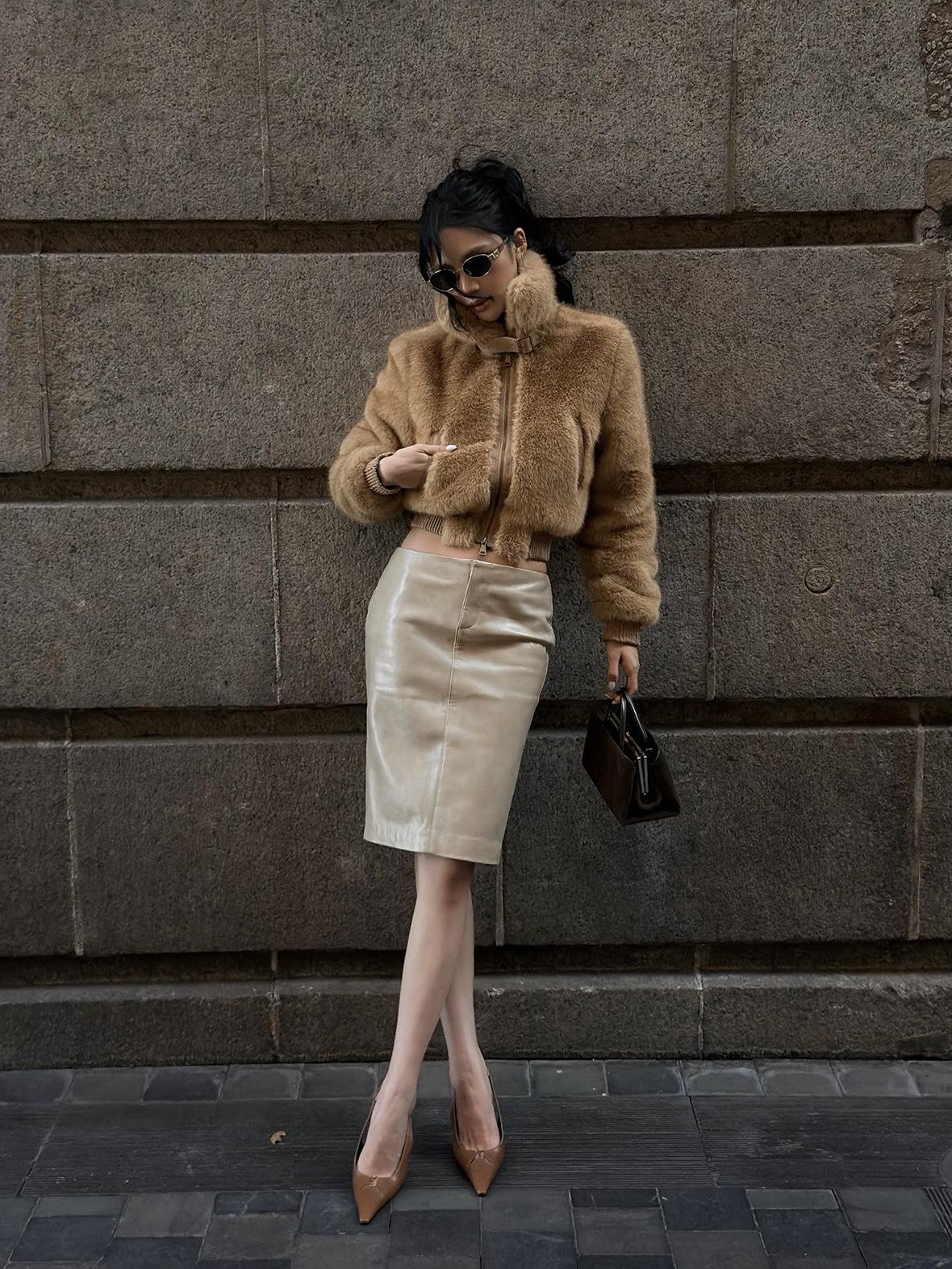 rovente Beige Front Zip Bodycon Pu Women's Midi Skirts