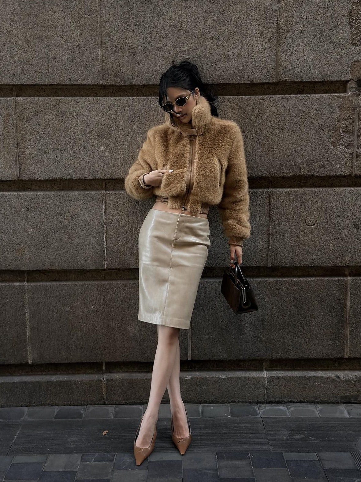 rovente Beige Front Zip Bodycon Pu Women's Midi Skirts