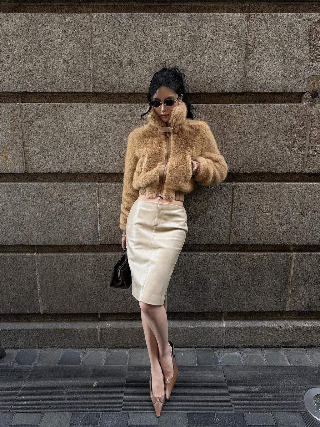 rovente Beige Front Zip Bodycon Pu Women's Midi Skirts