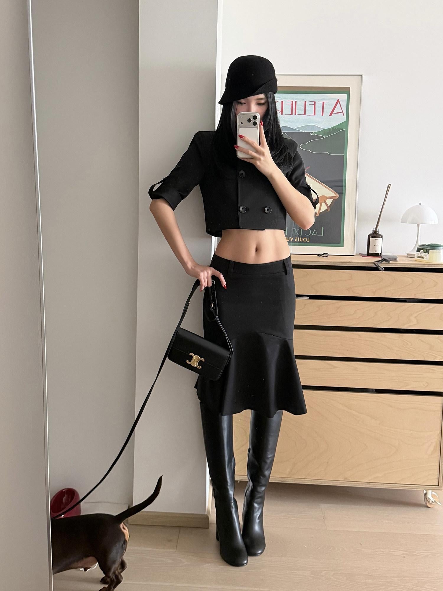 rovente Black Asymmetric Low Waist Slim Pencil Women's Woven Cotton Blend Midi Skirts