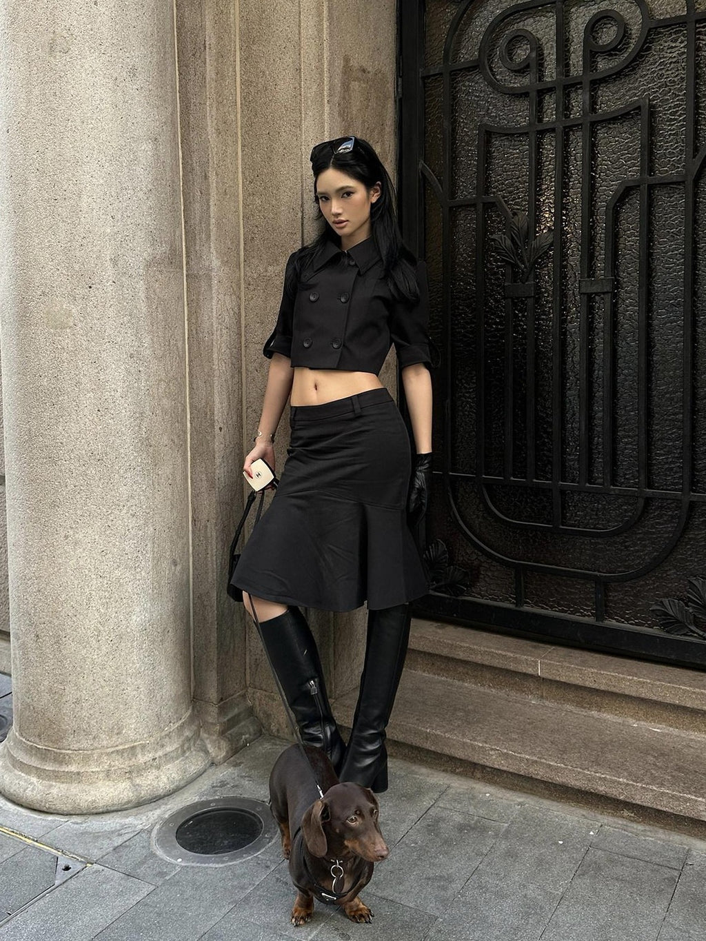 rovente Black Asymmetric Low Waist Slim Pencil Women's Woven Cotton Blend Midi Skirts