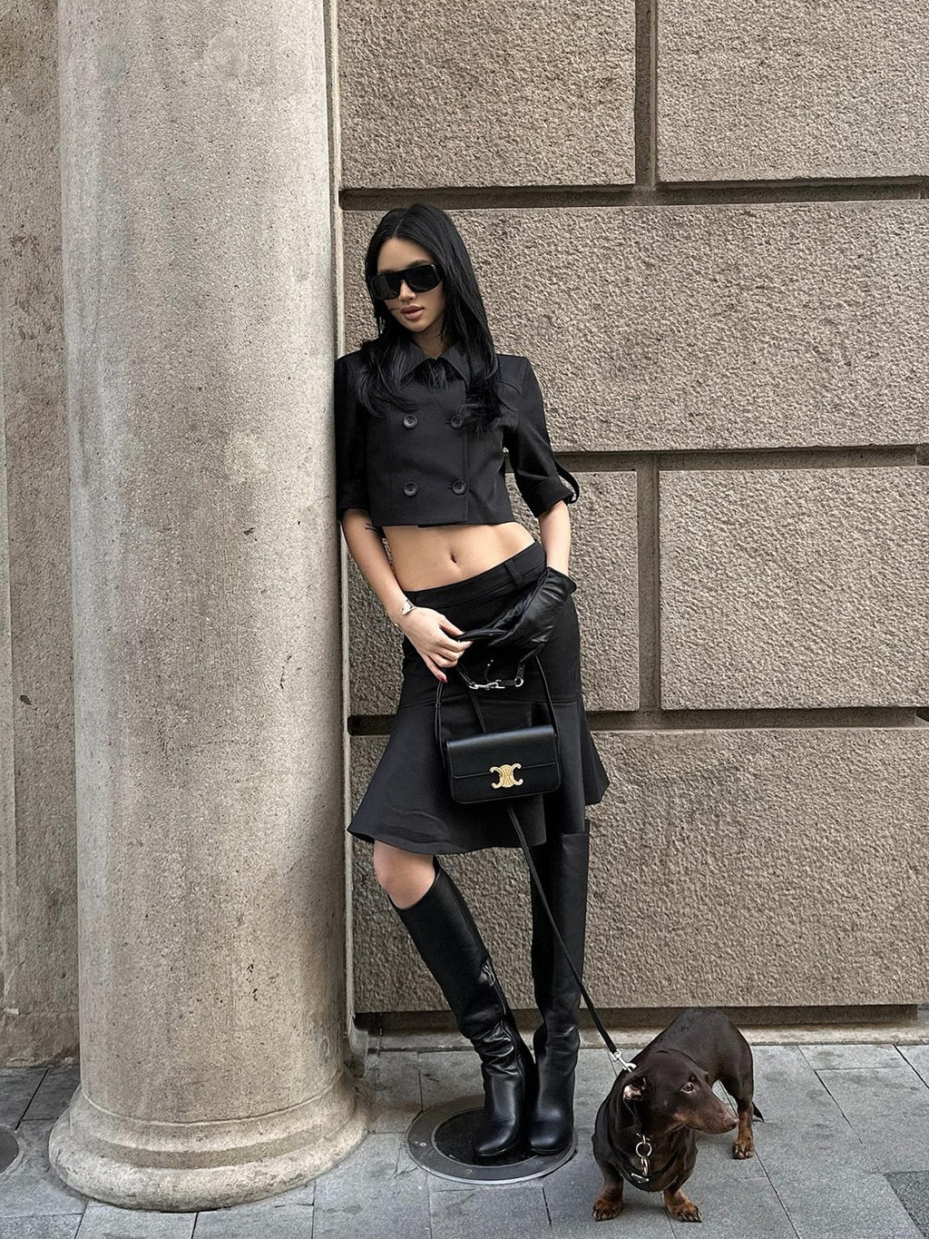 rovente Black Asymmetric Low Waist Slim Pencil Women's Woven Cotton Blend Midi Skirts